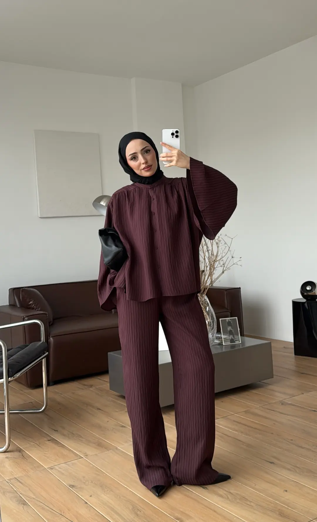 Oversize Geniş Kol Çizgili Takım Bordo