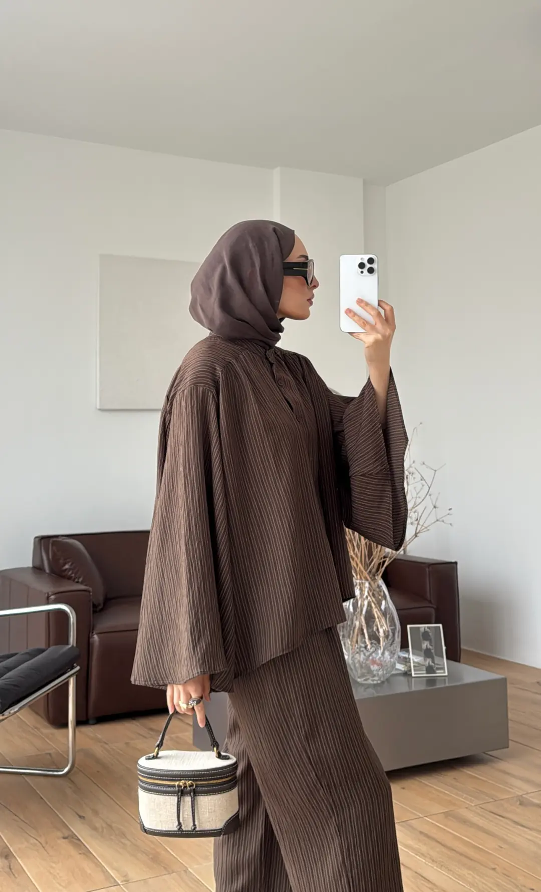 Oversize Geniş Kol Çizgili Takım Kahve