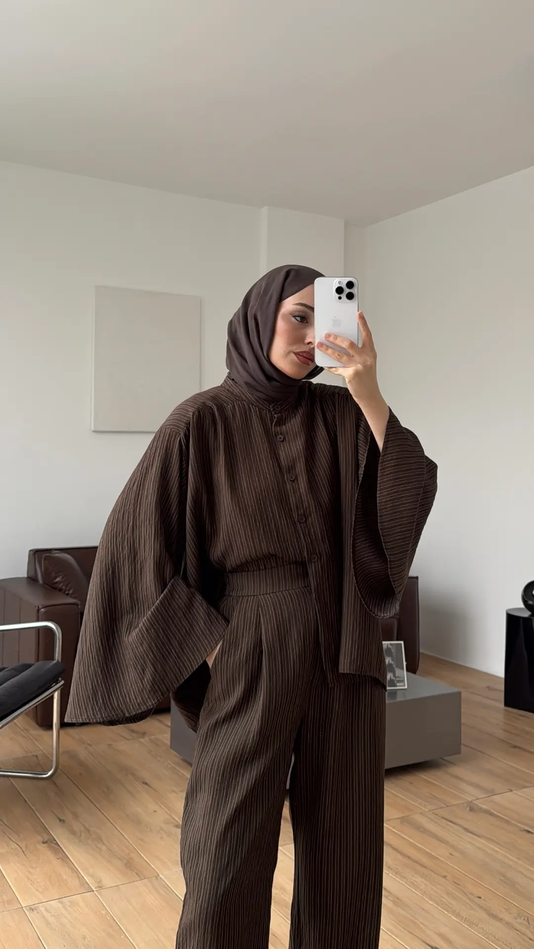 Oversize Geniş Kol Çizgili Takım Kahve