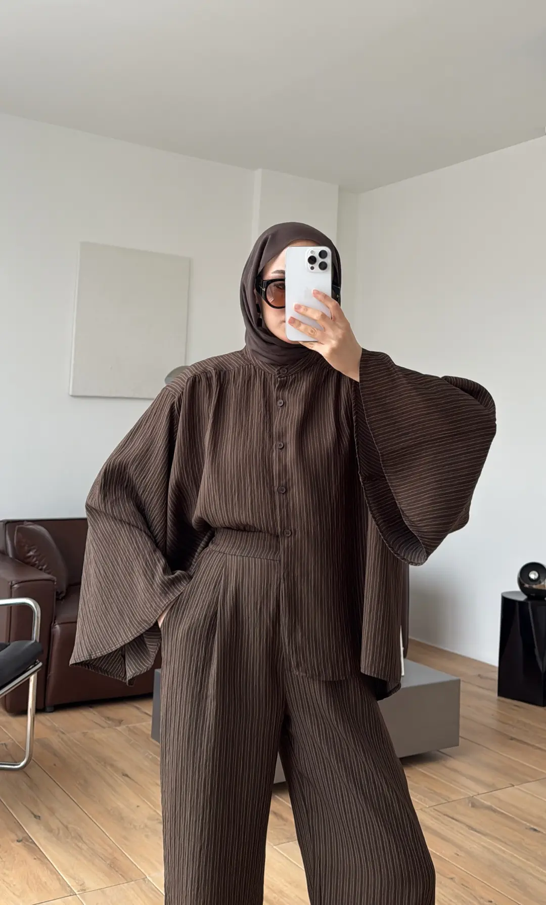 Oversize Geniş Kol Çizgili Takım Kahve