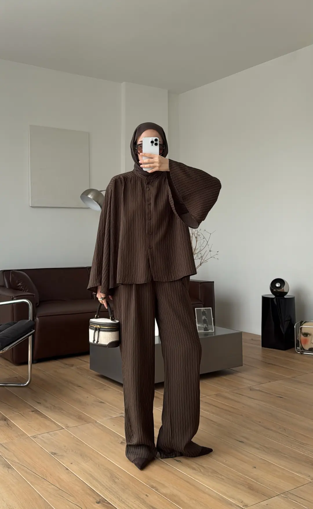 Oversize Geniş Kol Çizgili Takım Kahve