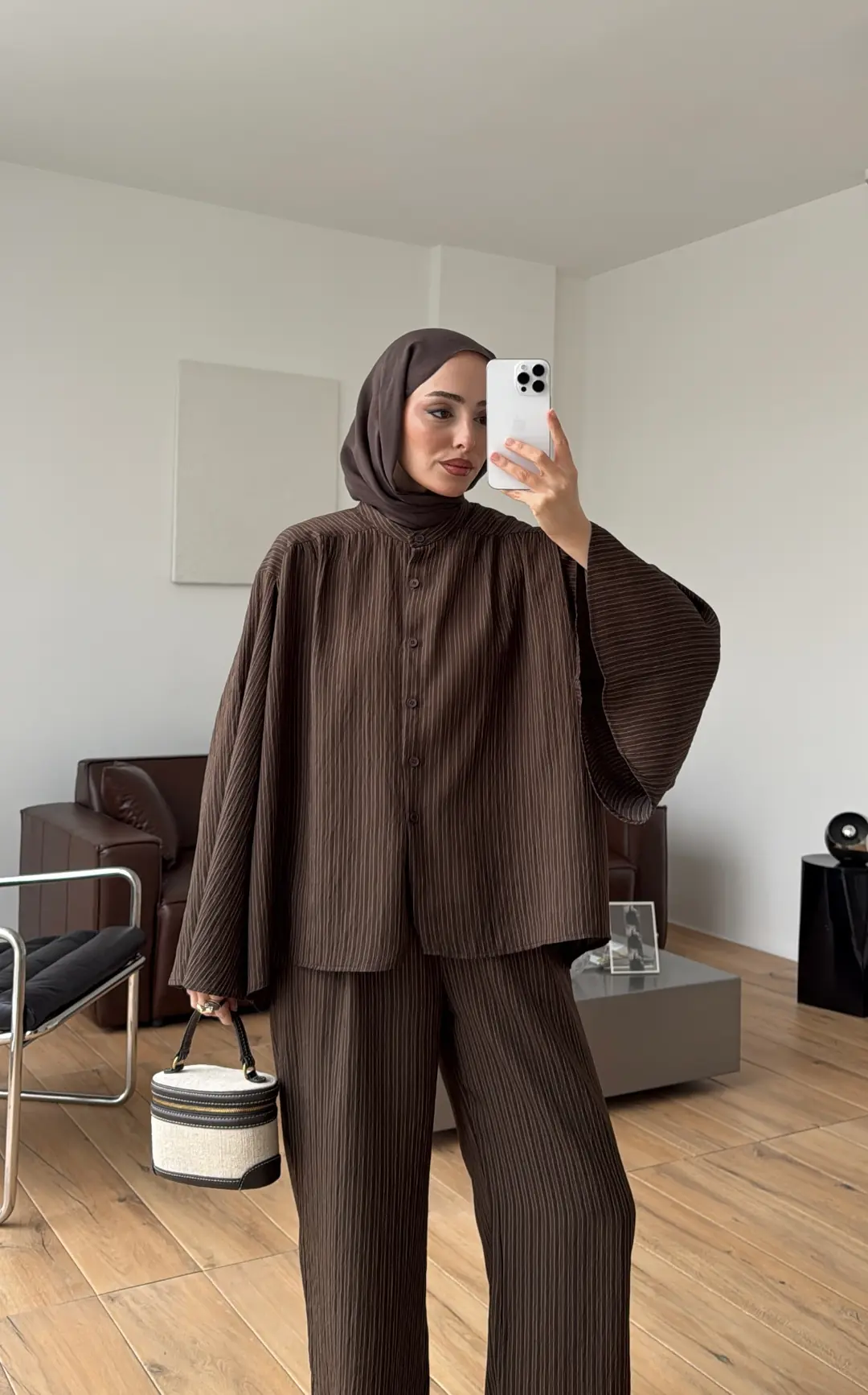 Oversize Geniş Kol Çizgili Takım Kahve