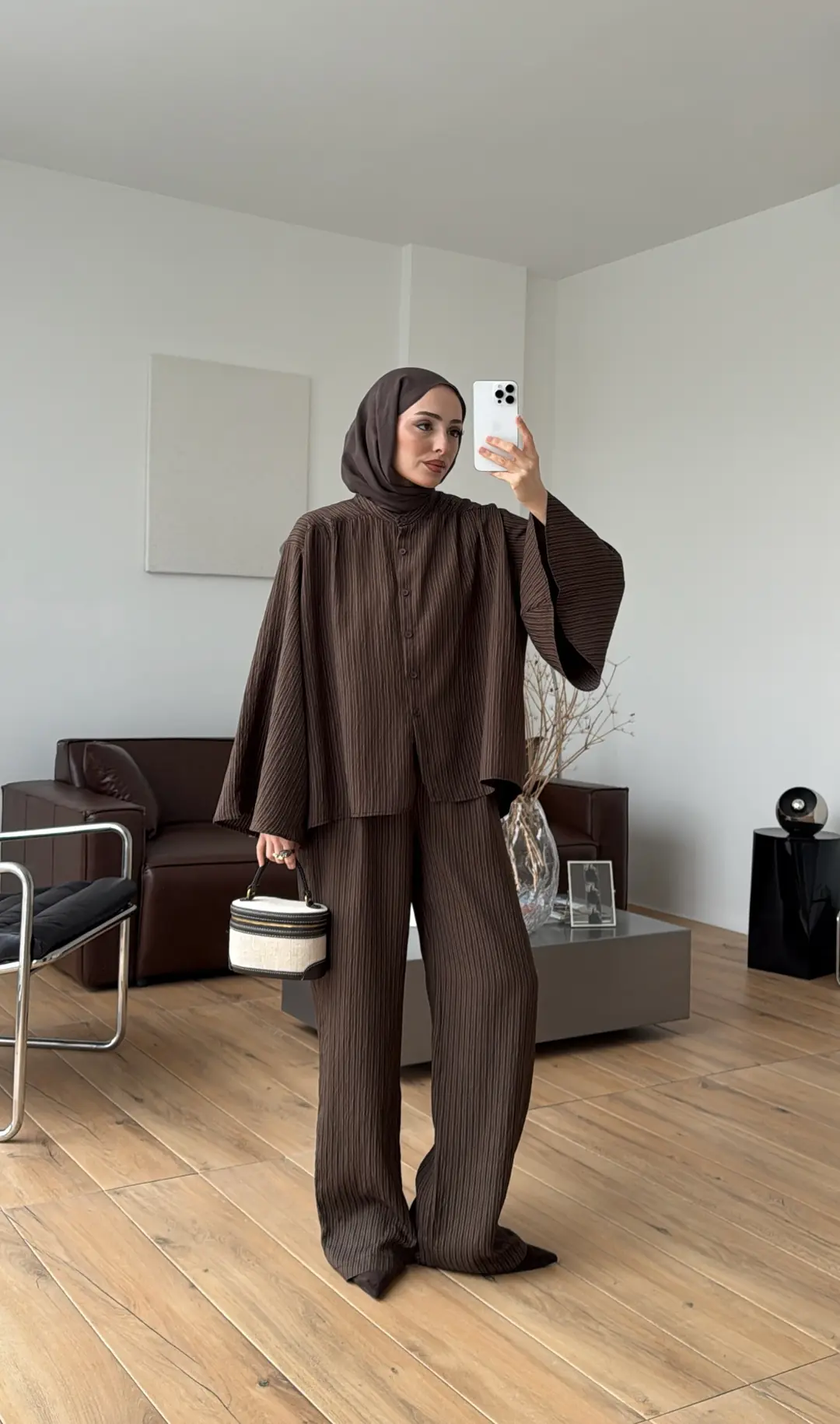 Oversize Geniş Kol Çizgili Takım Kahve