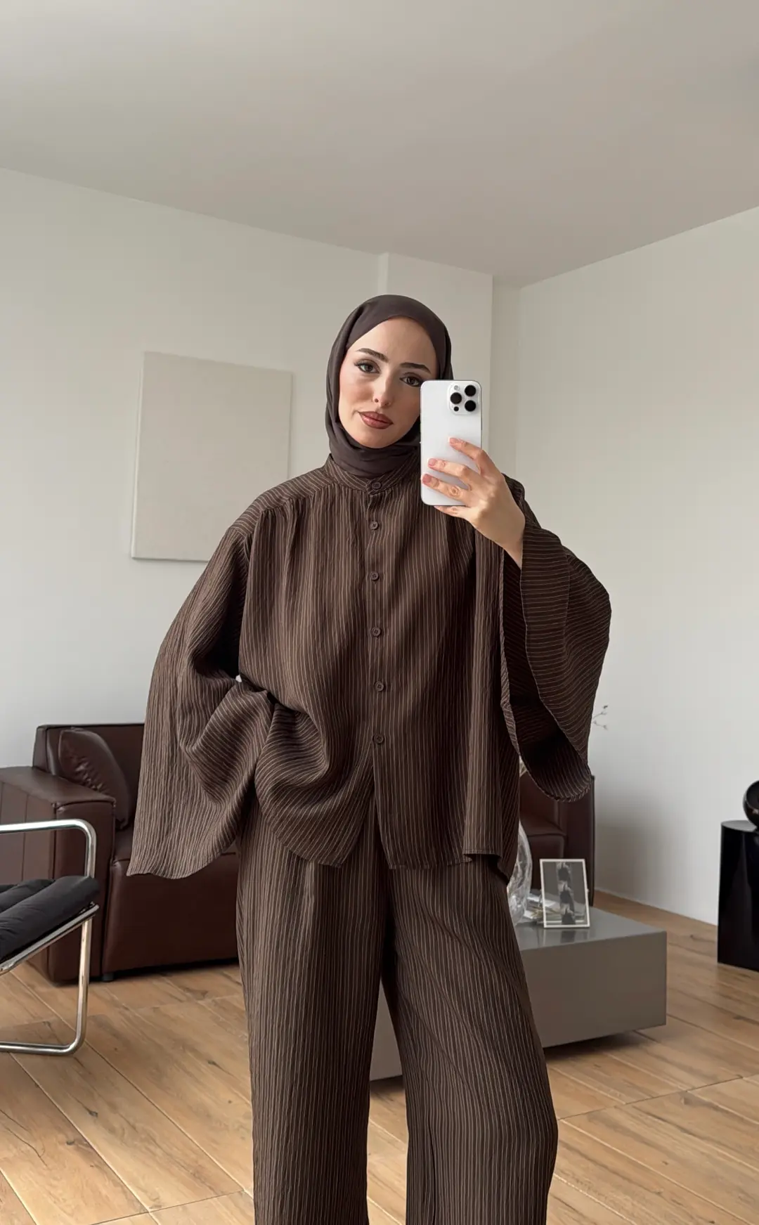 Oversize Geniş Kol Çizgili Takım Kahve