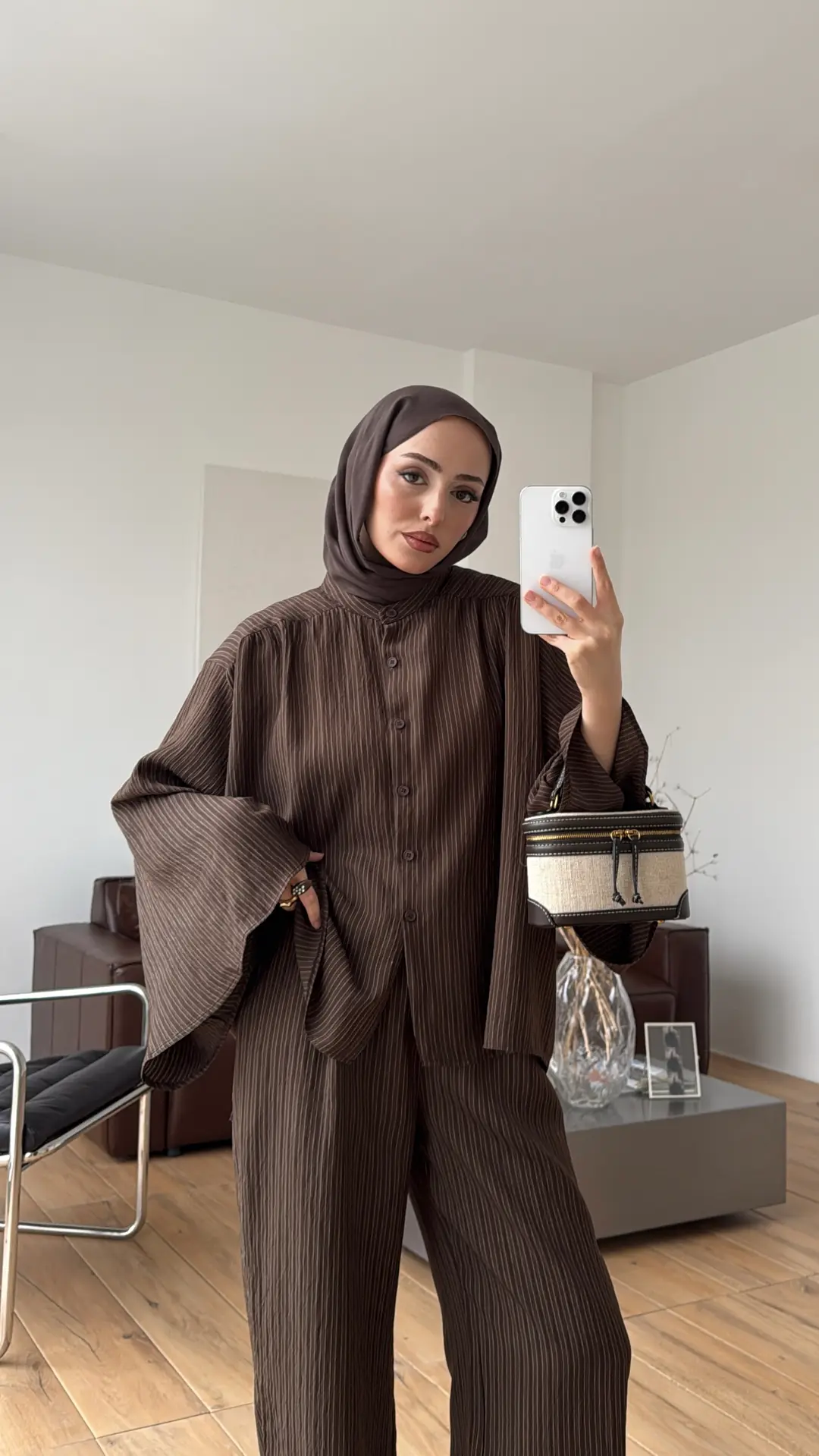 Oversize Geniş Kol Çizgili Takım Kahve