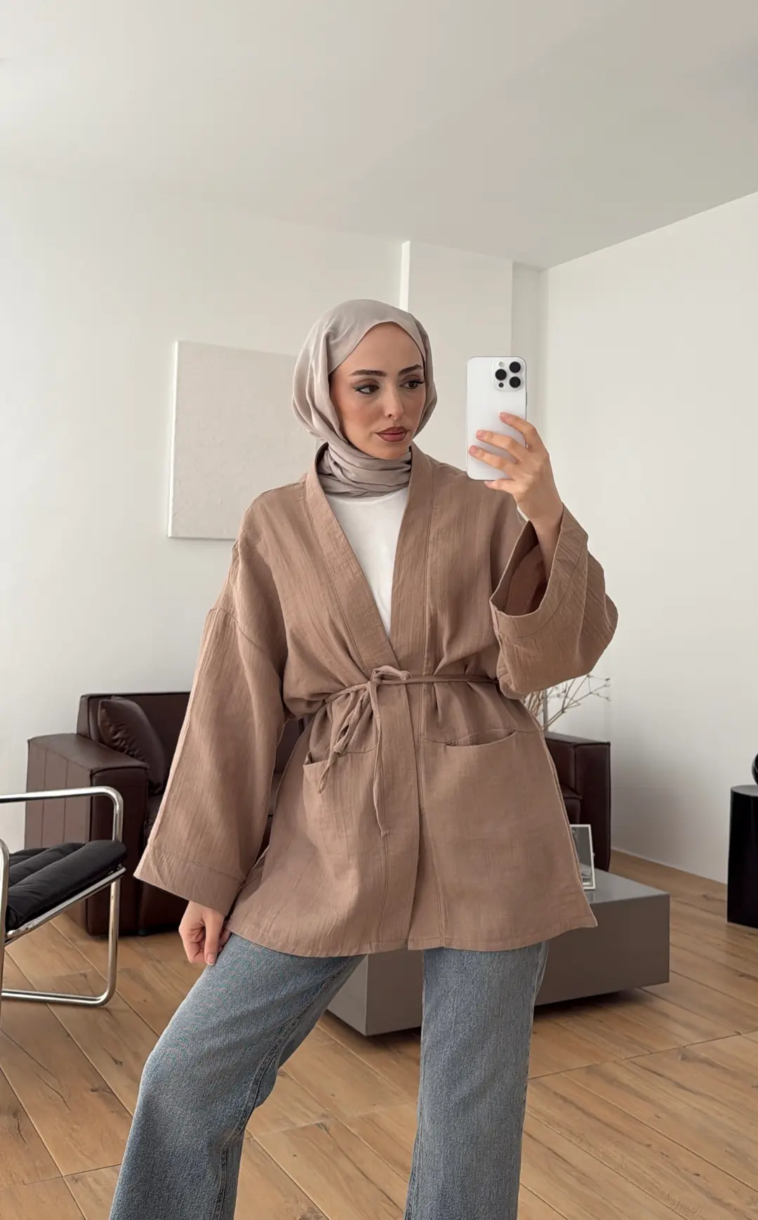 Müslin Kimono Koyu Bej