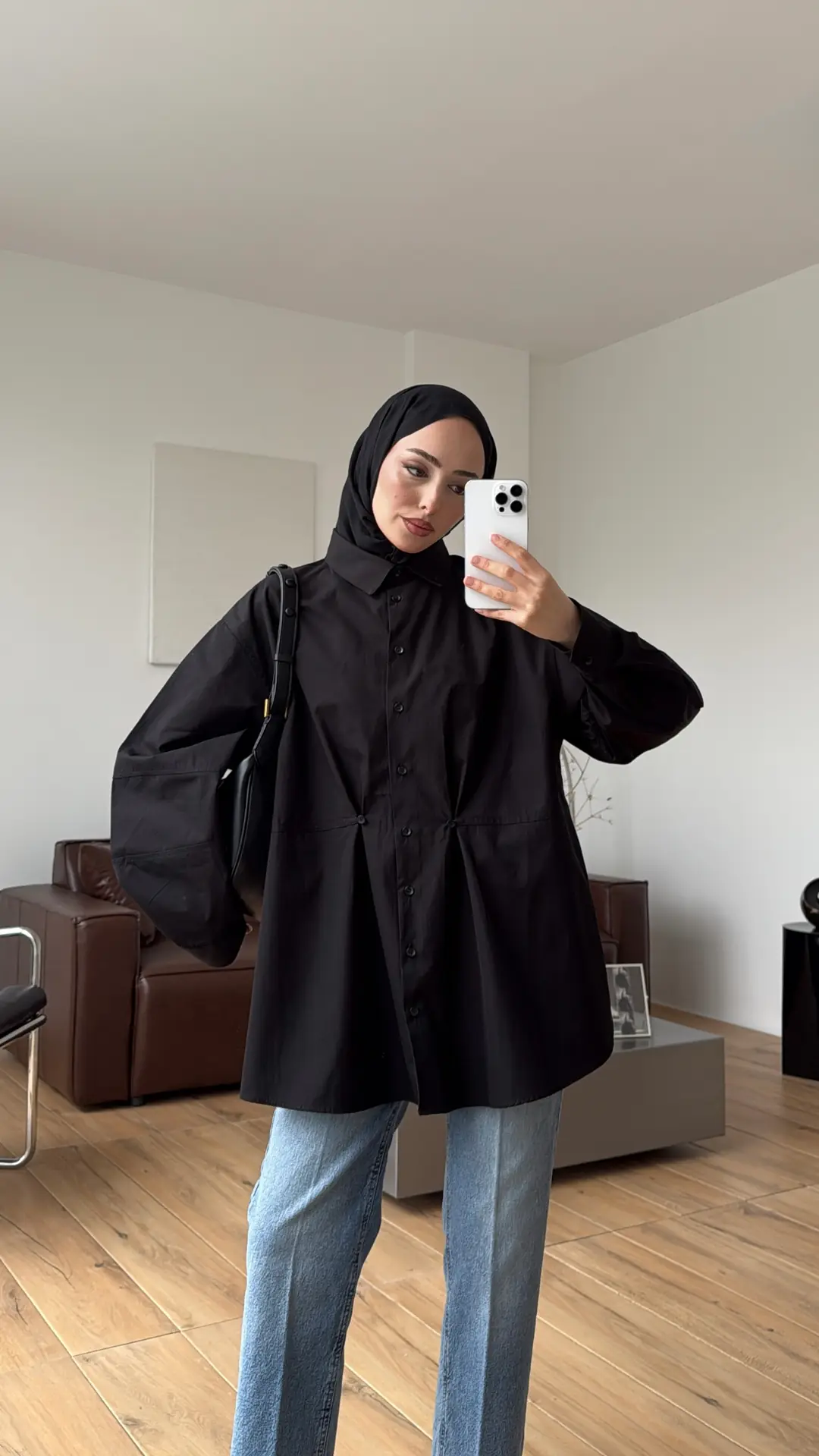 Poplin Düğme Detay Gömlek Siyah