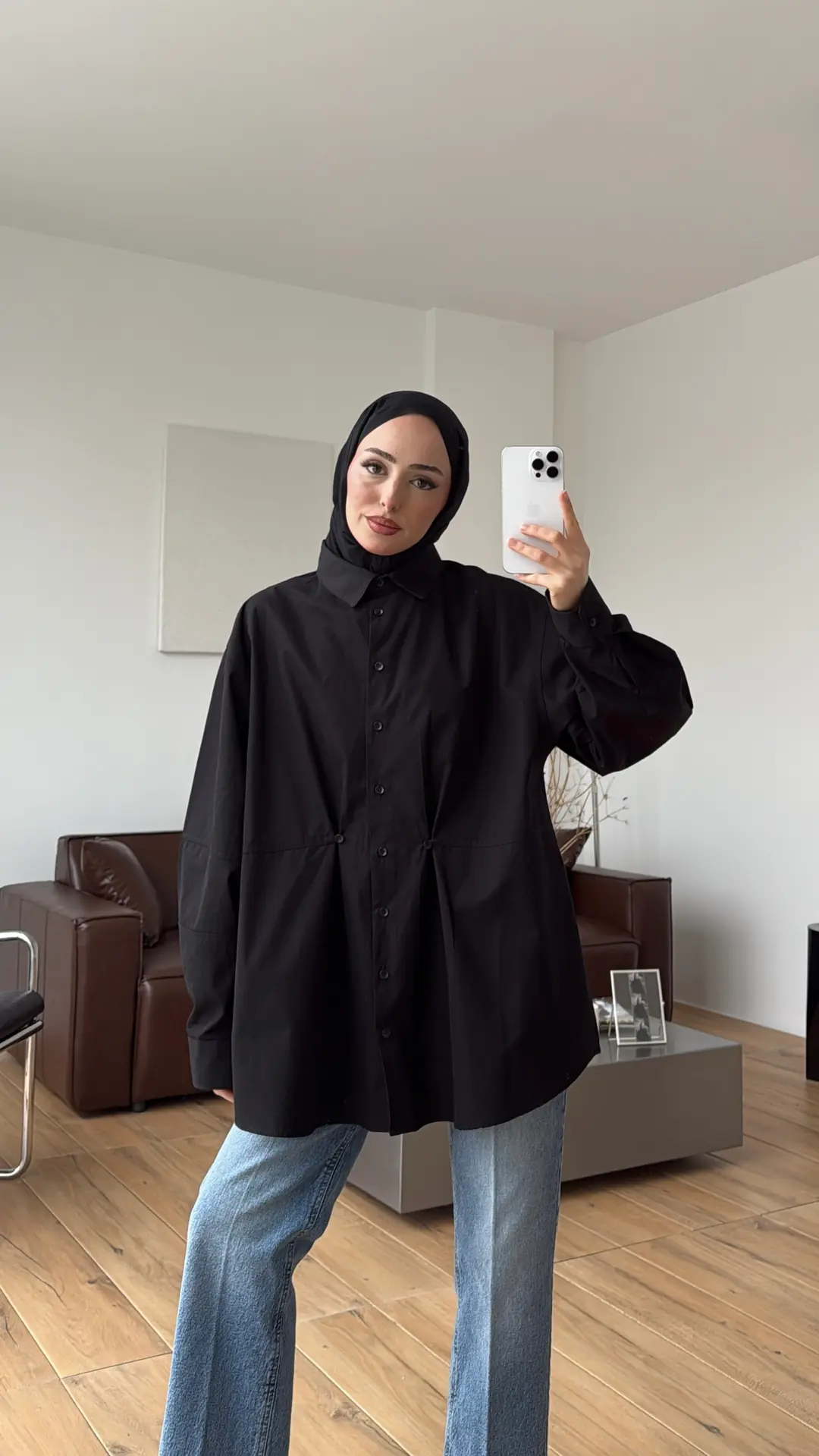 Poplin Düğme Detay Gömlek Siyah