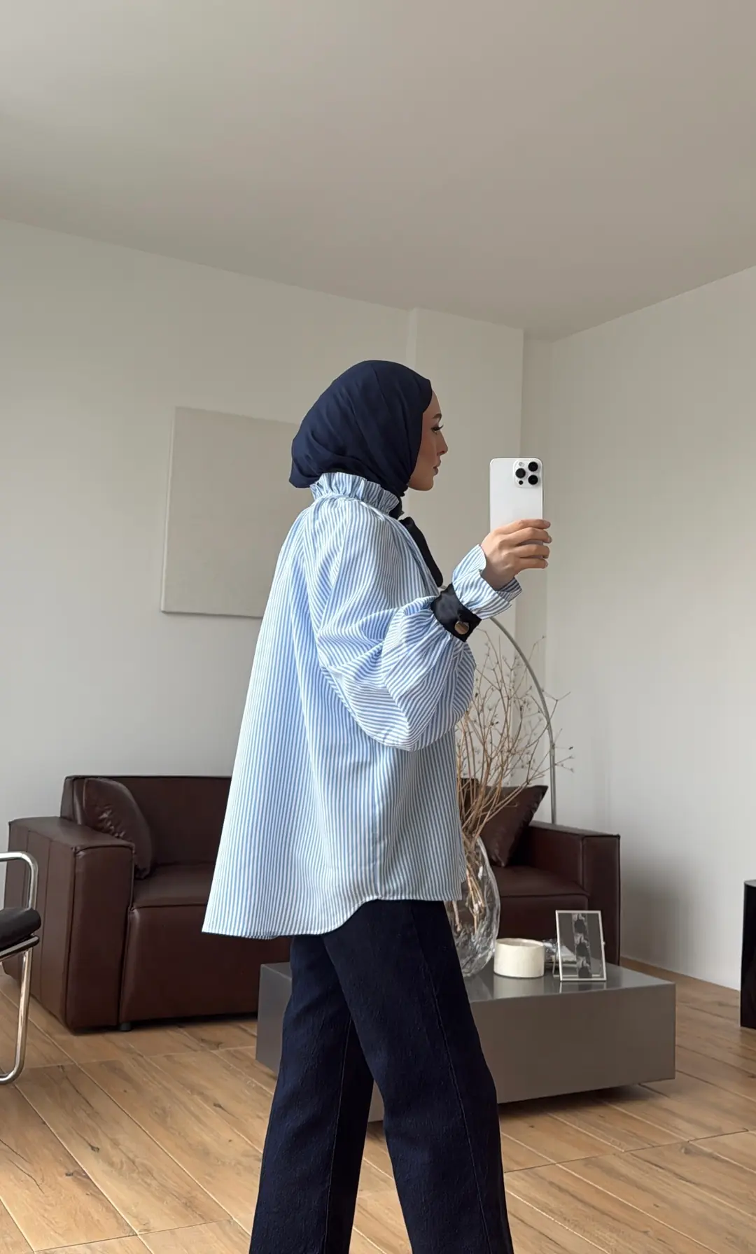 Çizgili Balon Kol Gömlek Mavi