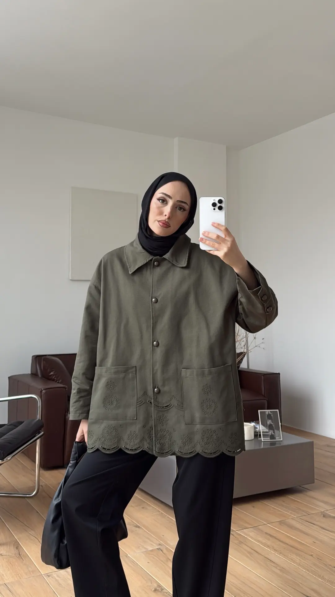 Nakışlı Cepli Gabardin Ceket Haki