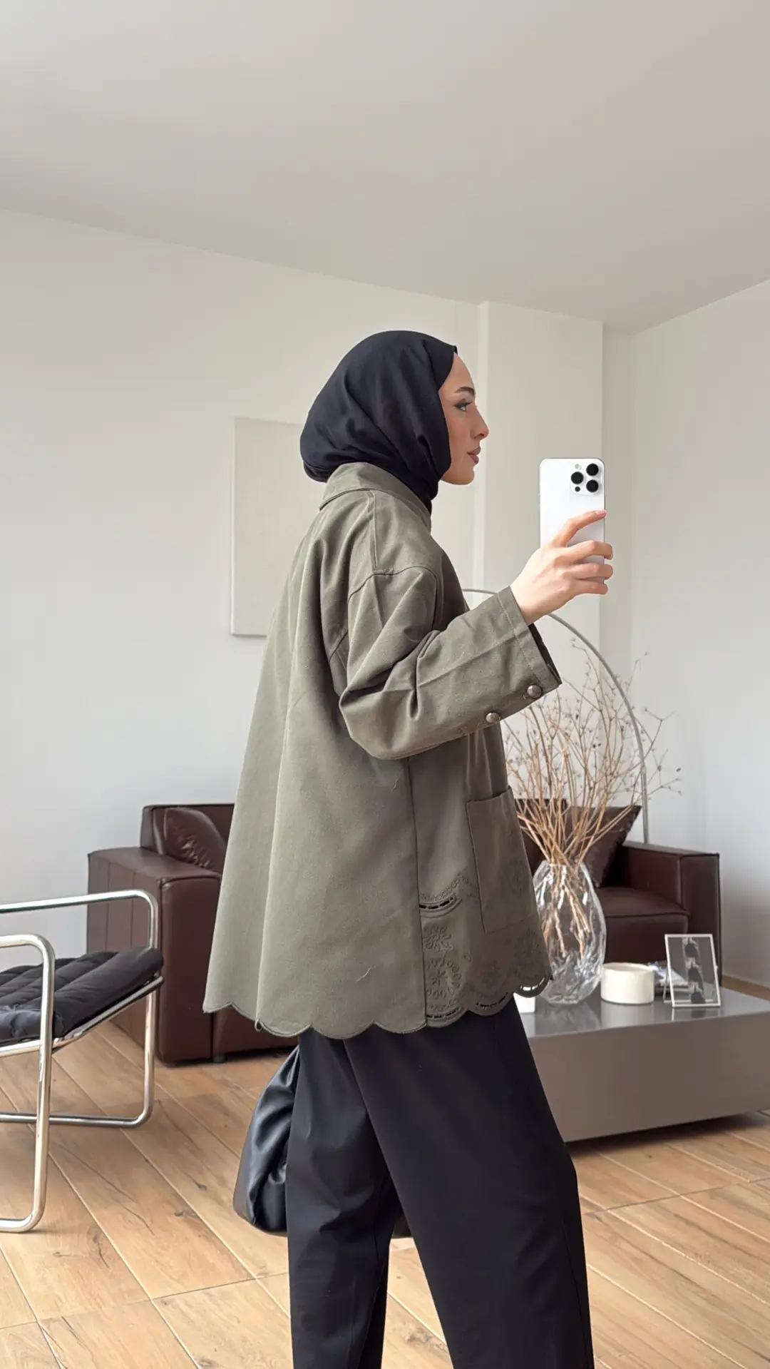 Nakışlı Cepli Gabardin Ceket Haki