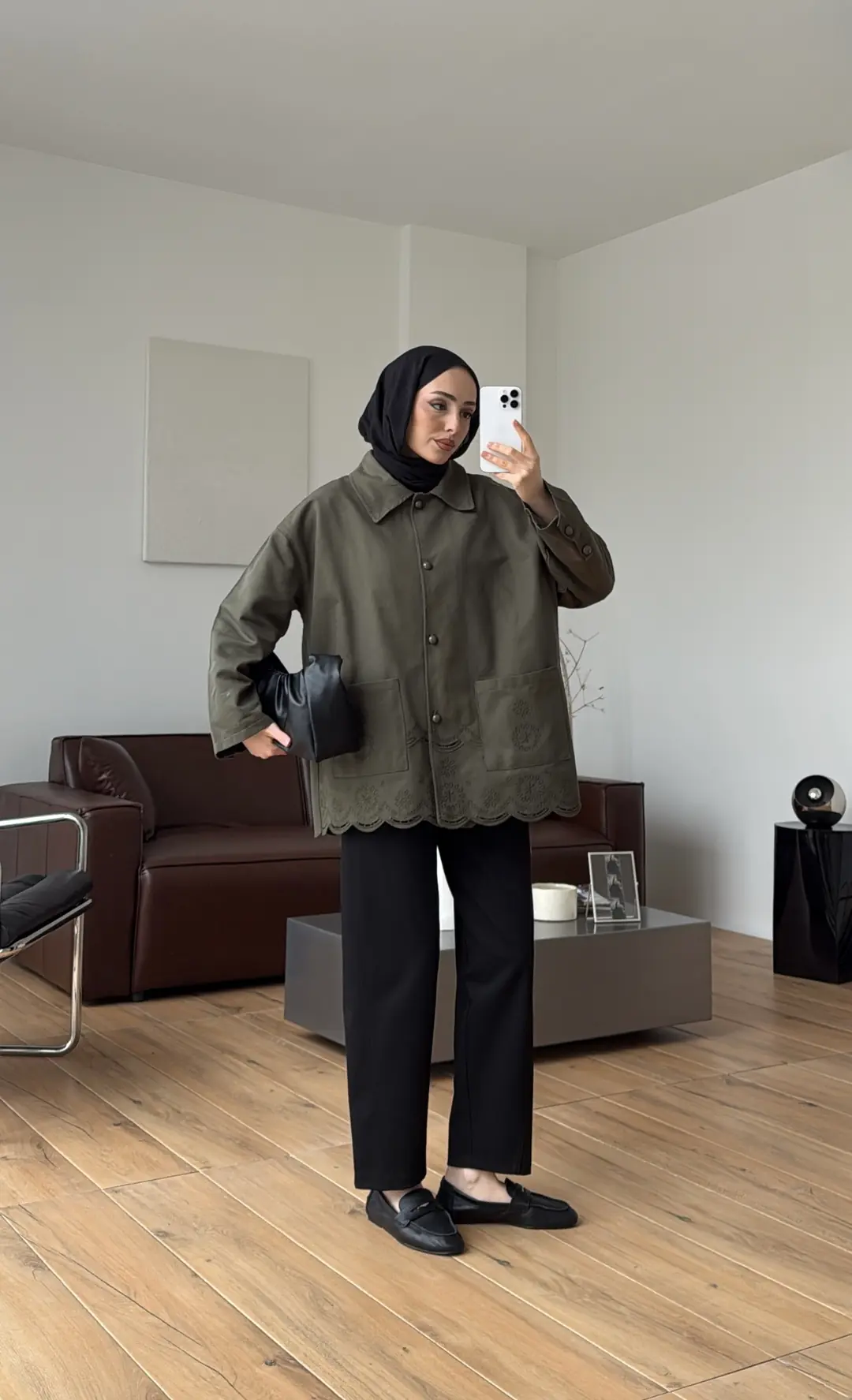 Nakışlı Cepli Gabardin Ceket Haki