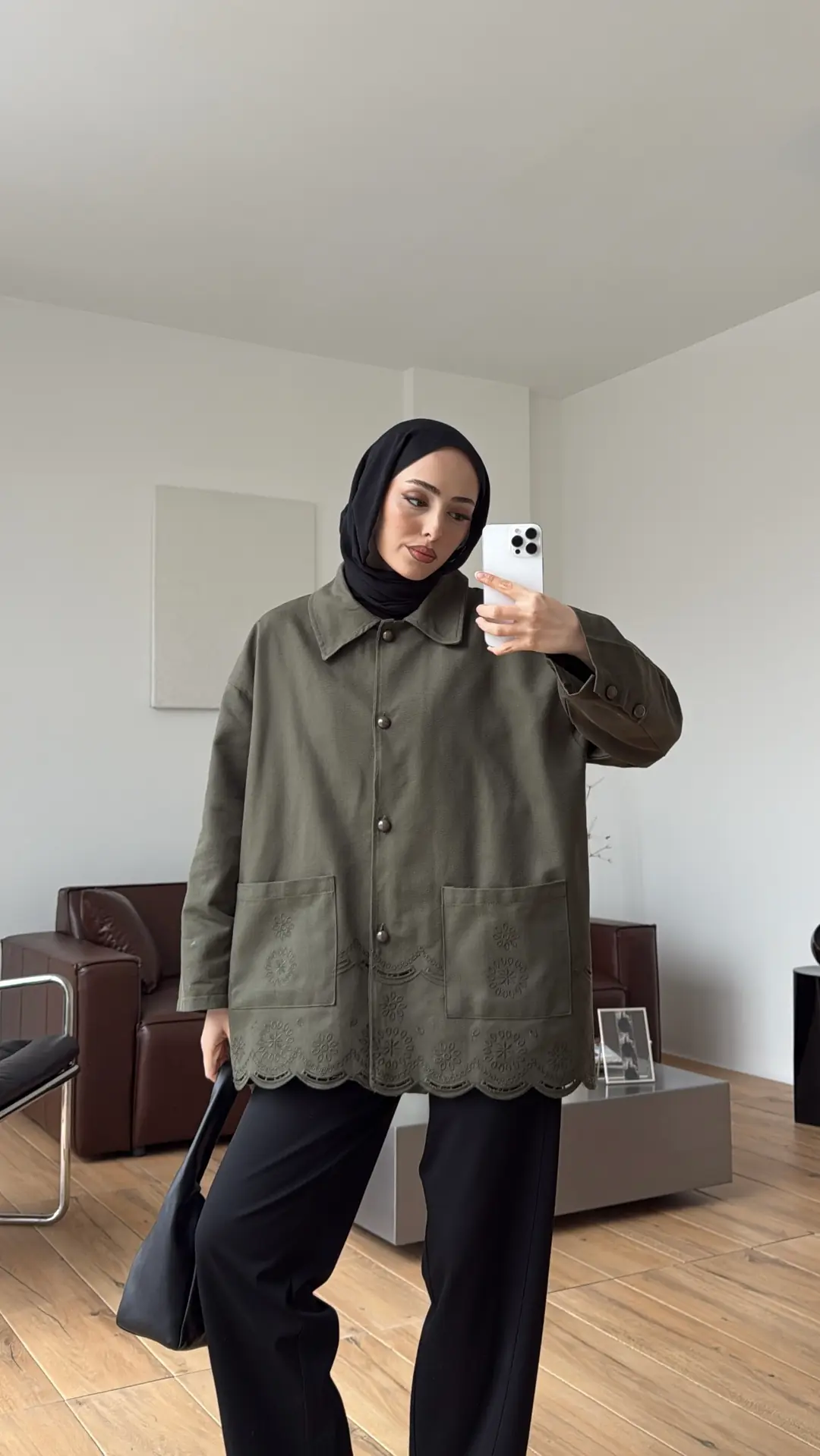 Nakışlı Cepli Gabardin Ceket Haki