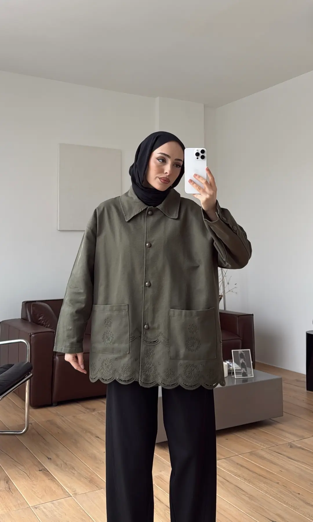 Nakışlı Cepli Gabardin Ceket Haki