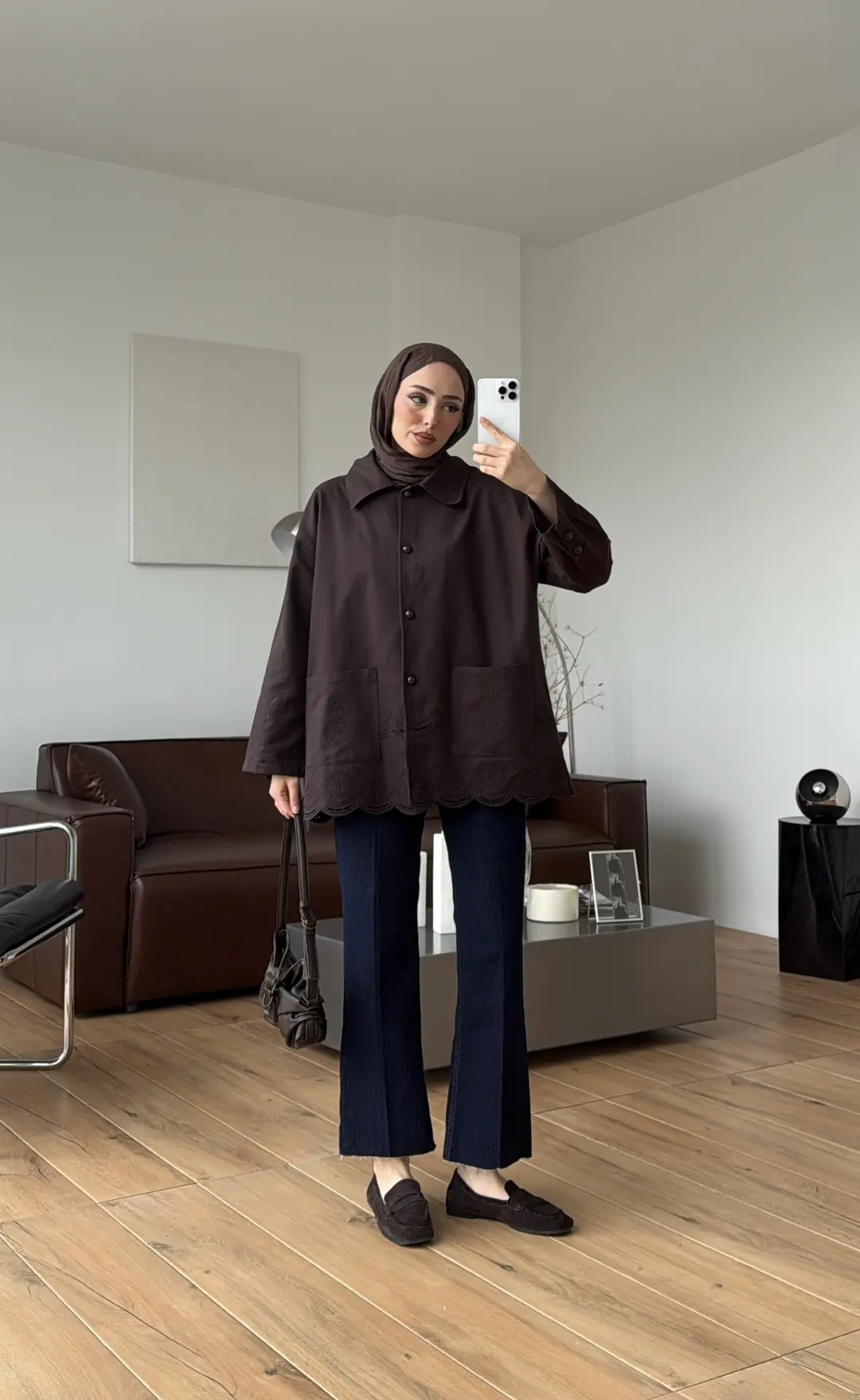 Nakışlı Cepli Gabardin Ceket Kahve
