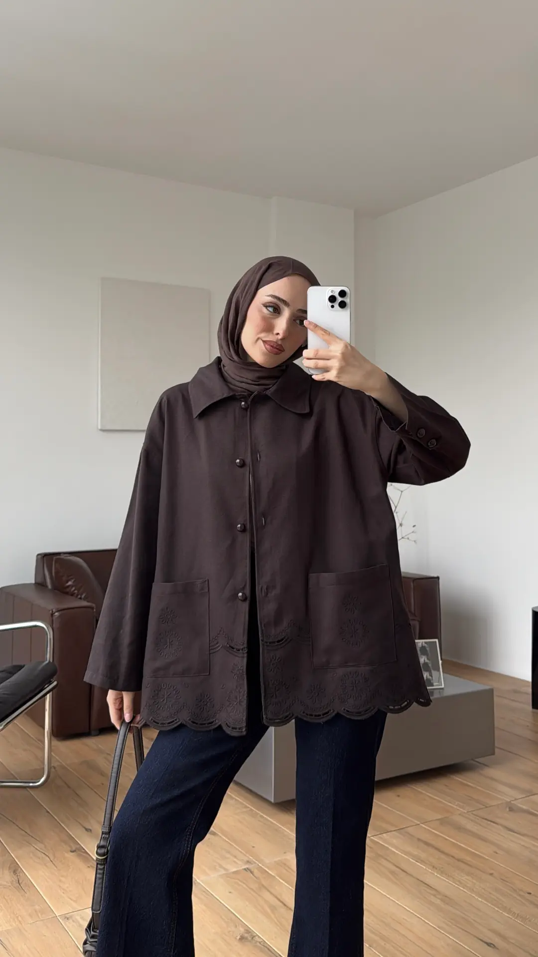 Nakışlı Cepli Gabardin Ceket Kahve