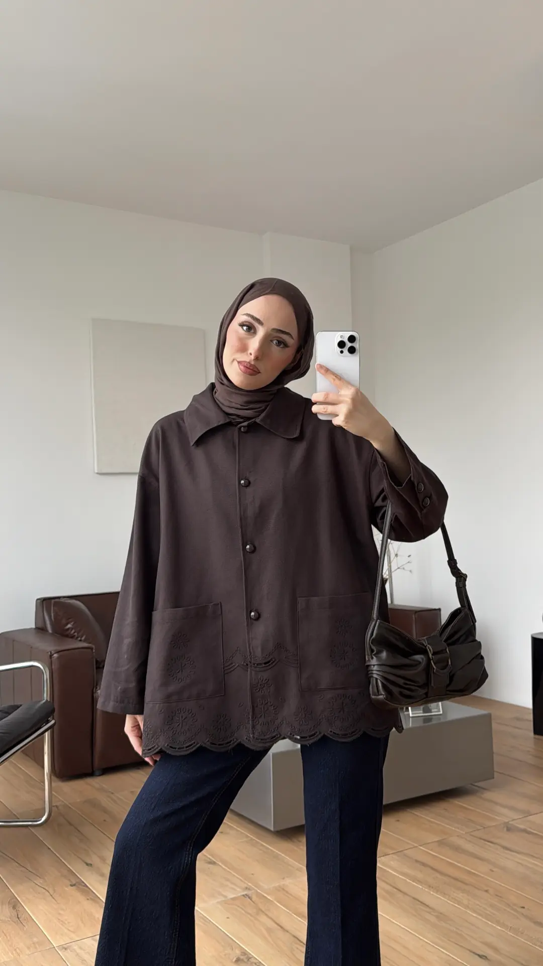 Nakışlı Cepli Gabardin Ceket Kahve