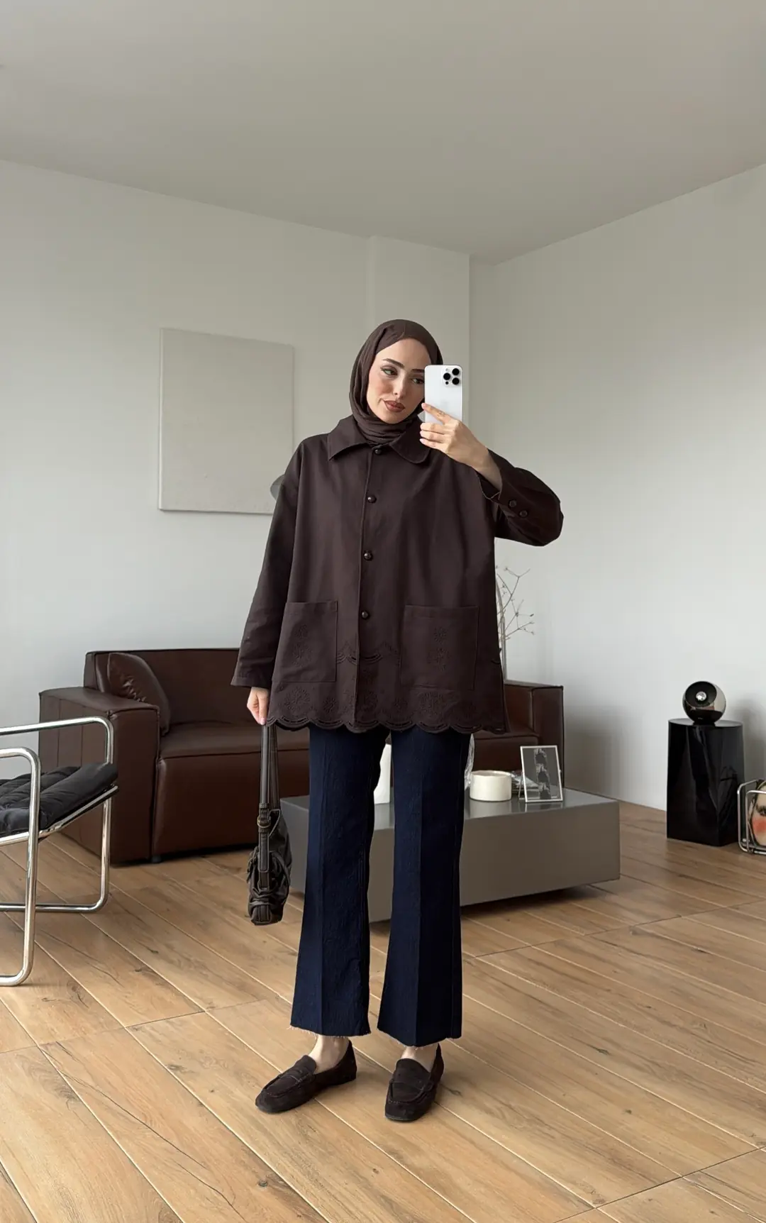 Nakışlı Cepli Gabardin Ceket Kahve