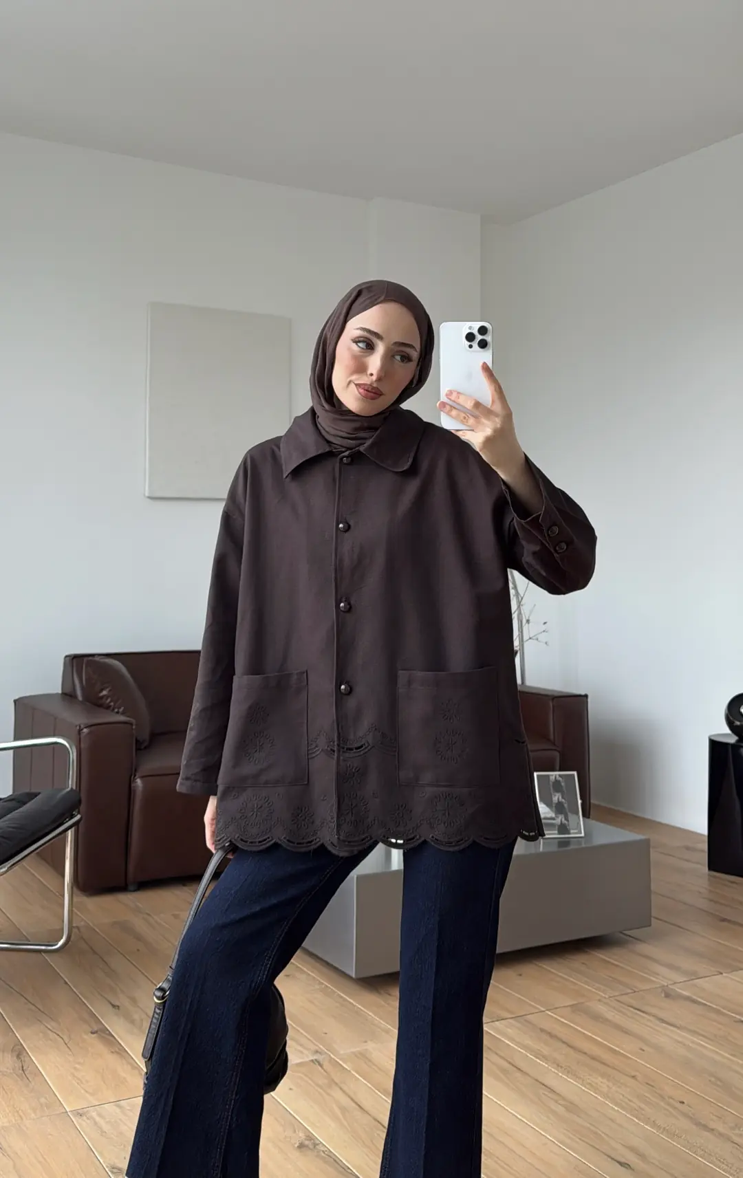 Nakışlı Cepli Gabardin Ceket Kahve
