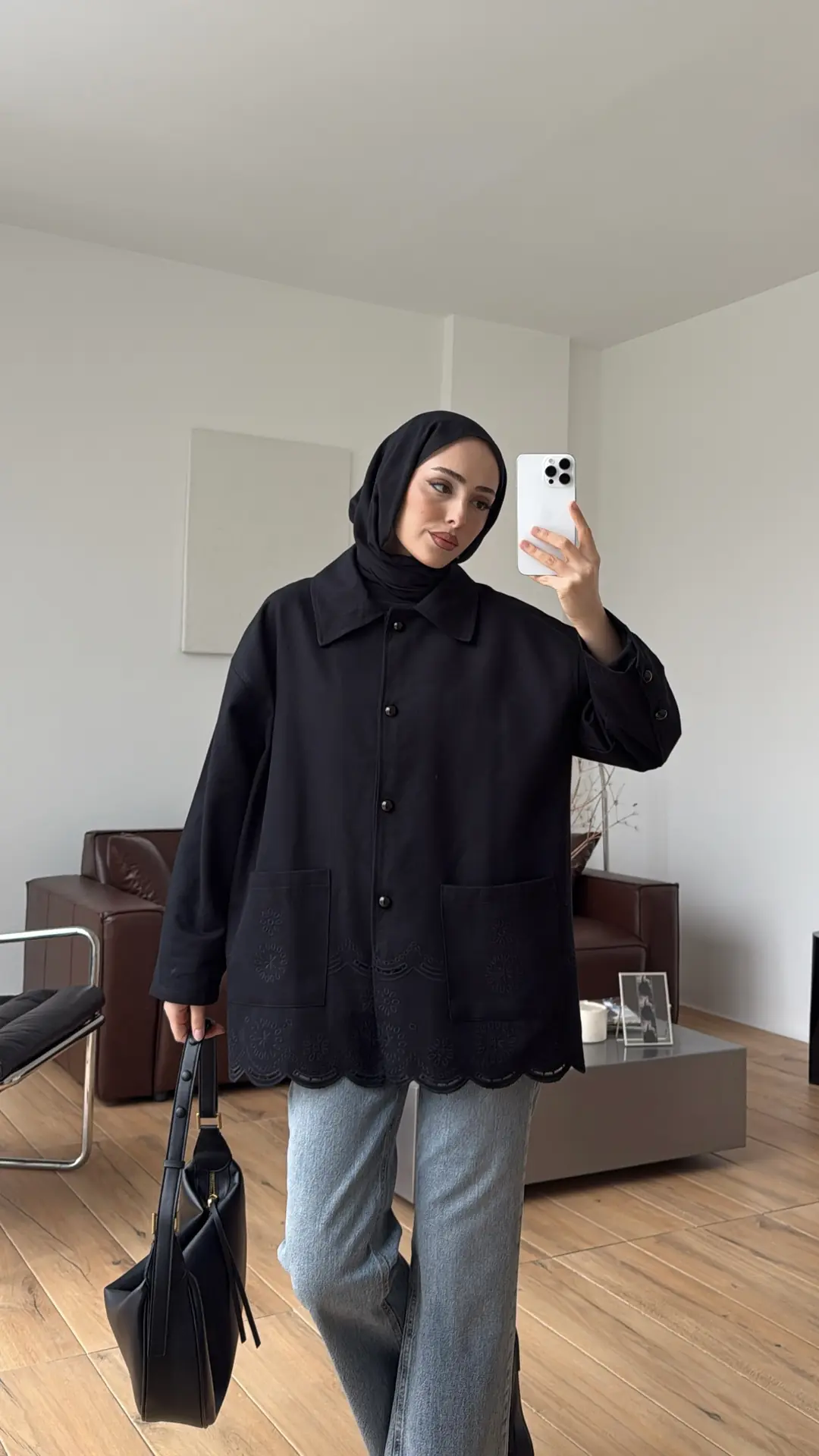 Nakışlı Cepli Gabardin Ceket Siyah