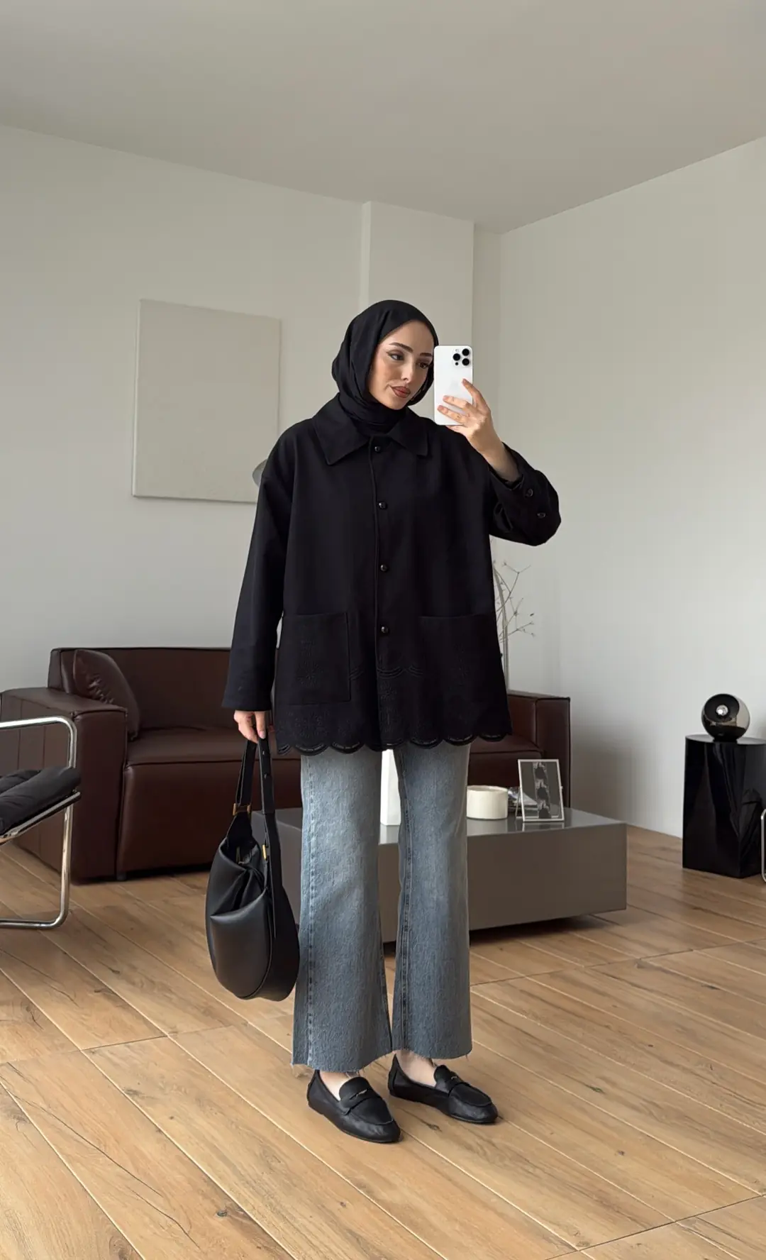 Nakışlı Cepli Gabardin Ceket Siyah