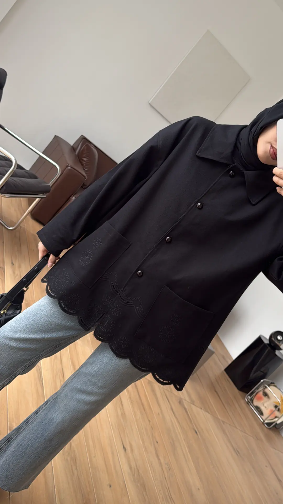 Nakışlı Cepli Gabardin Ceket Siyah