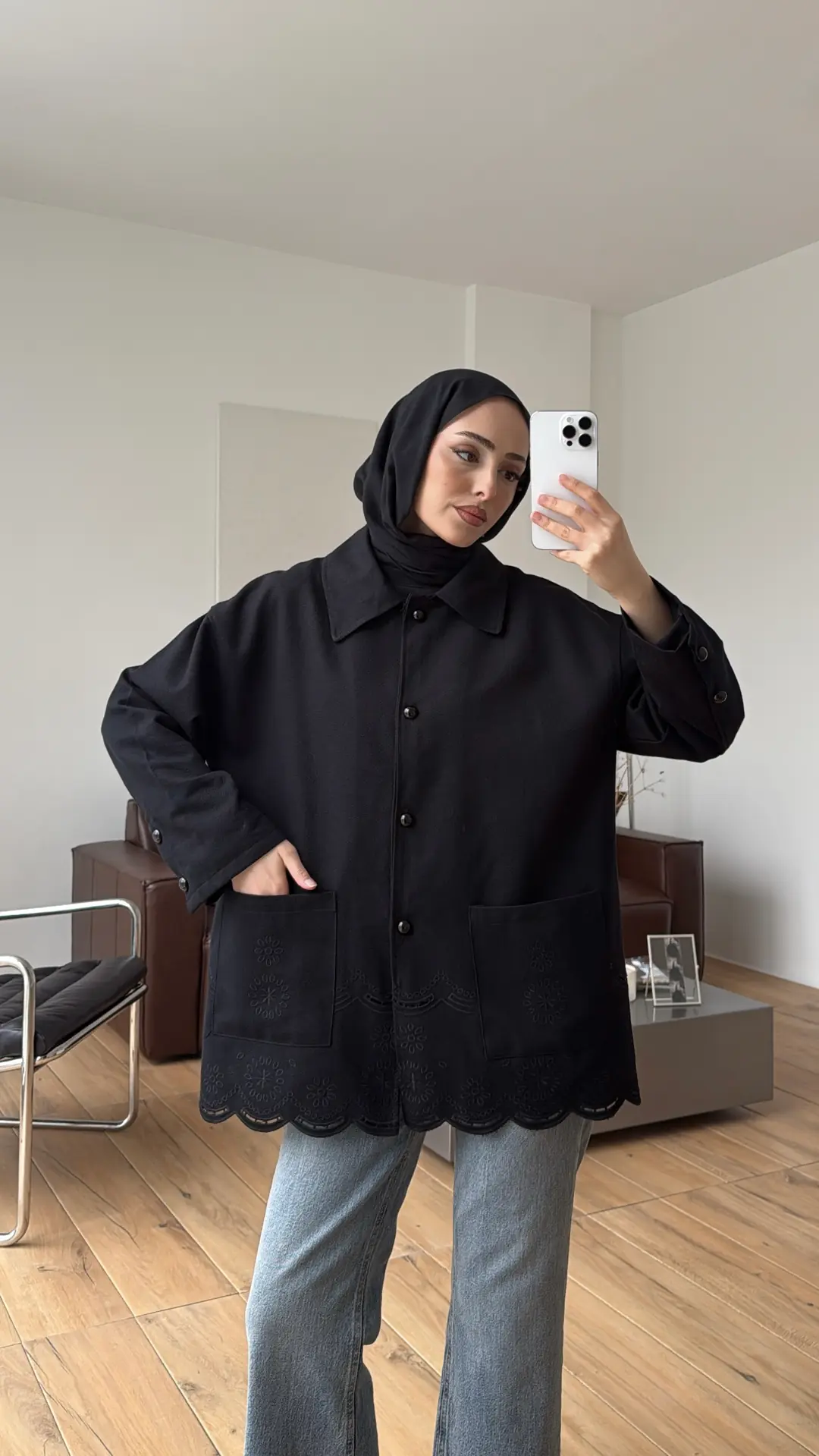Nakışlı Cepli Gabardin Ceket Siyah