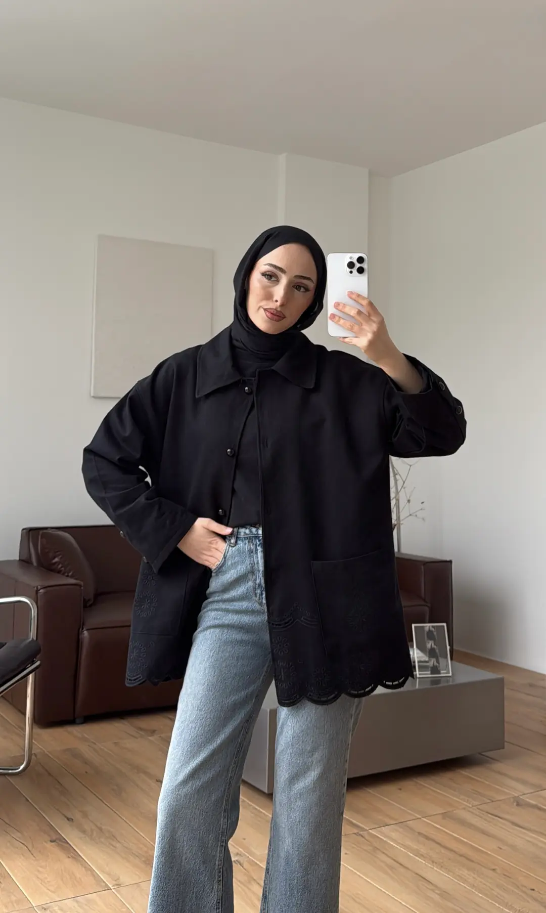 Nakışlı Cepli Gabardin Ceket Siyah