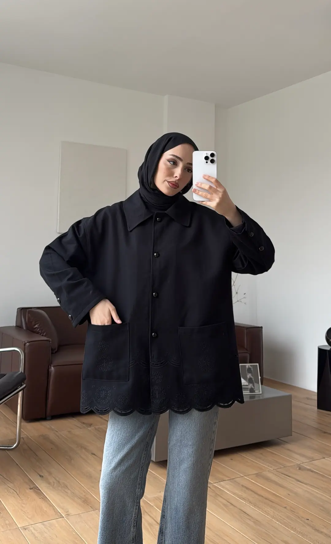 Nakışlı Cepli Gabardin Ceket Siyah
