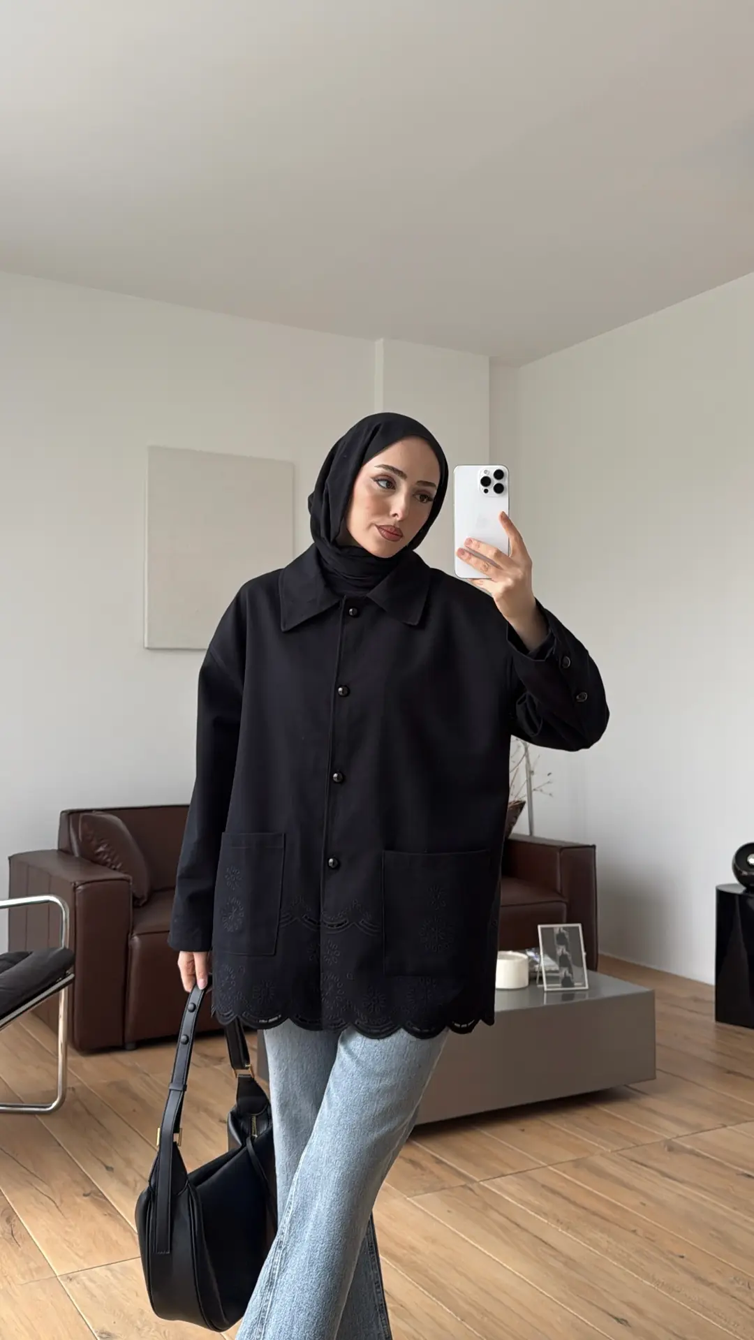 Nakışlı Cepli Gabardin Ceket Siyah