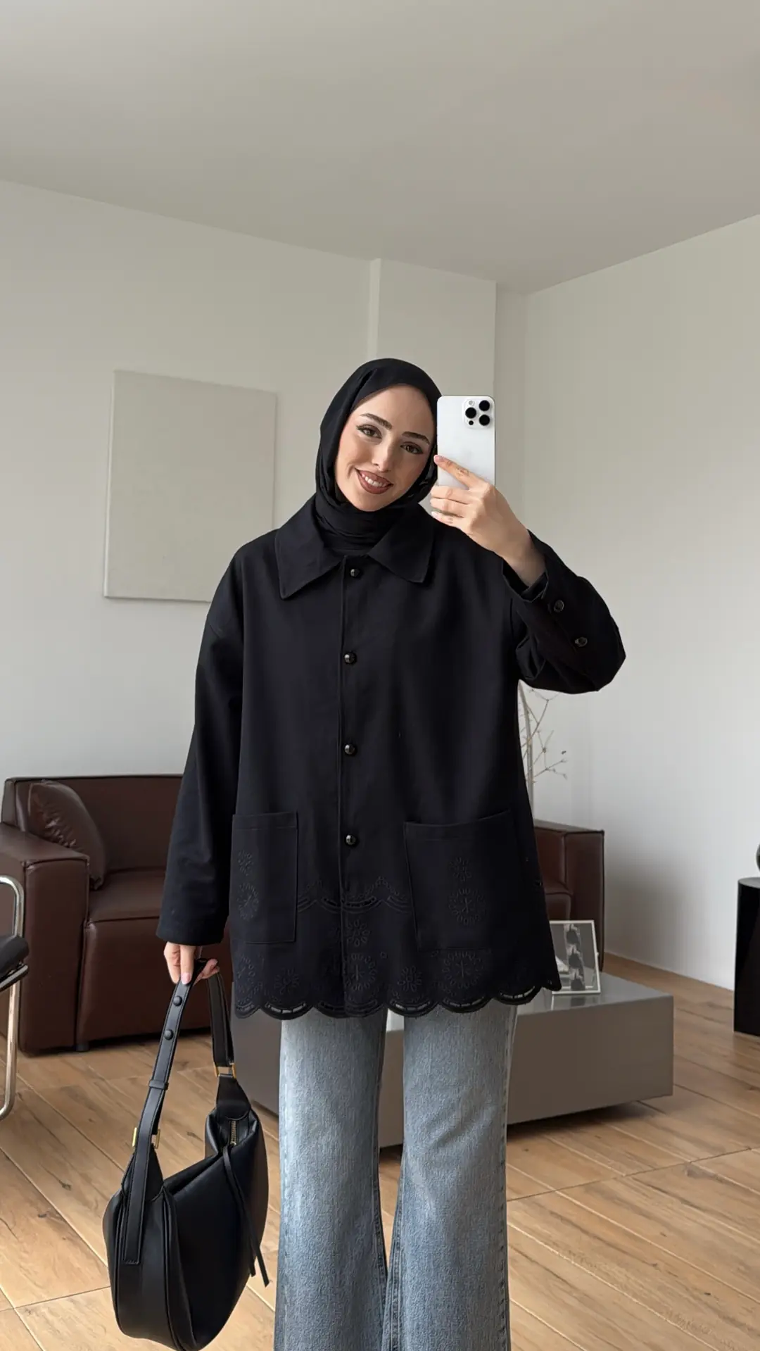Nakışlı Cepli Gabardin Ceket Siyah
