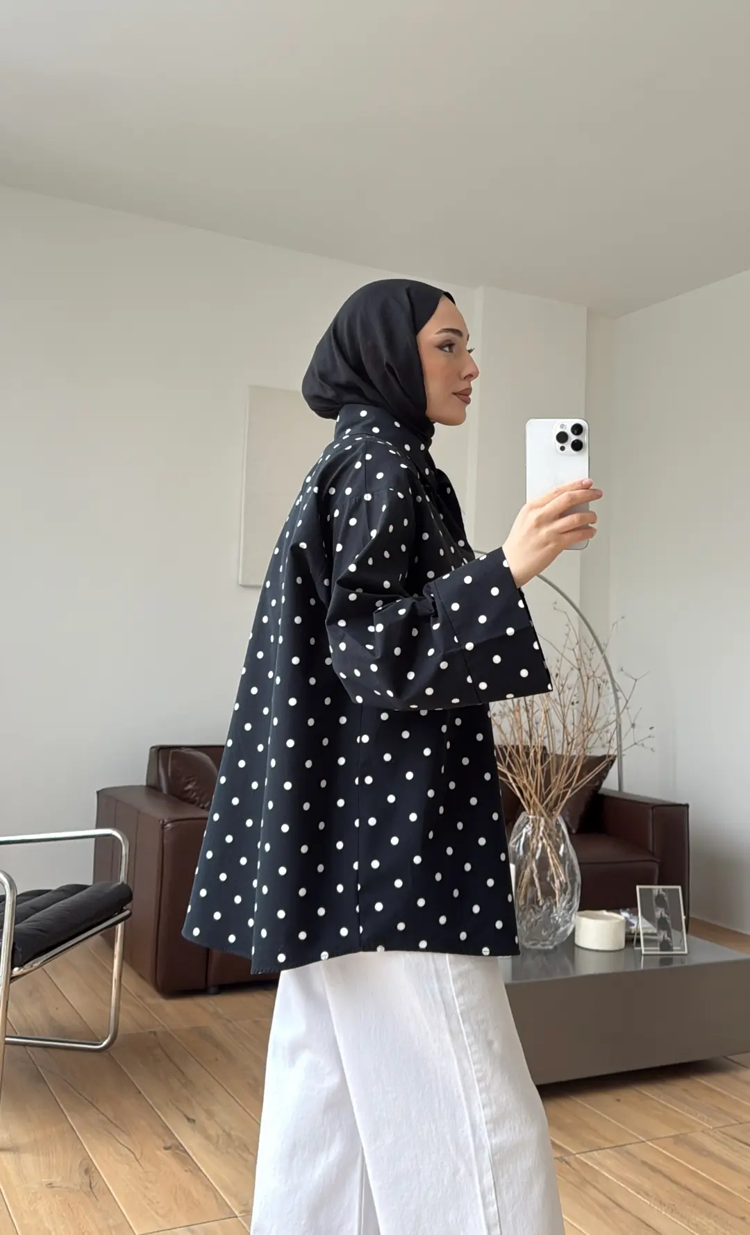 Puantiyeli Bagcıklı Gömlek Siyah