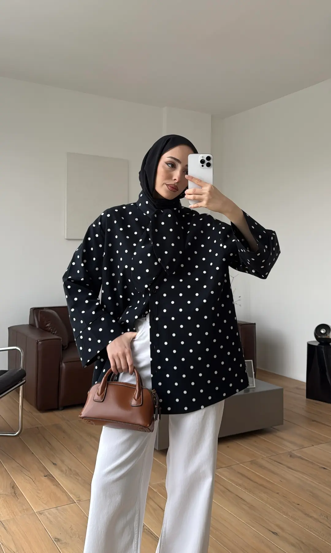 Puantiyeli Bagcıklı Gömlek Siyah