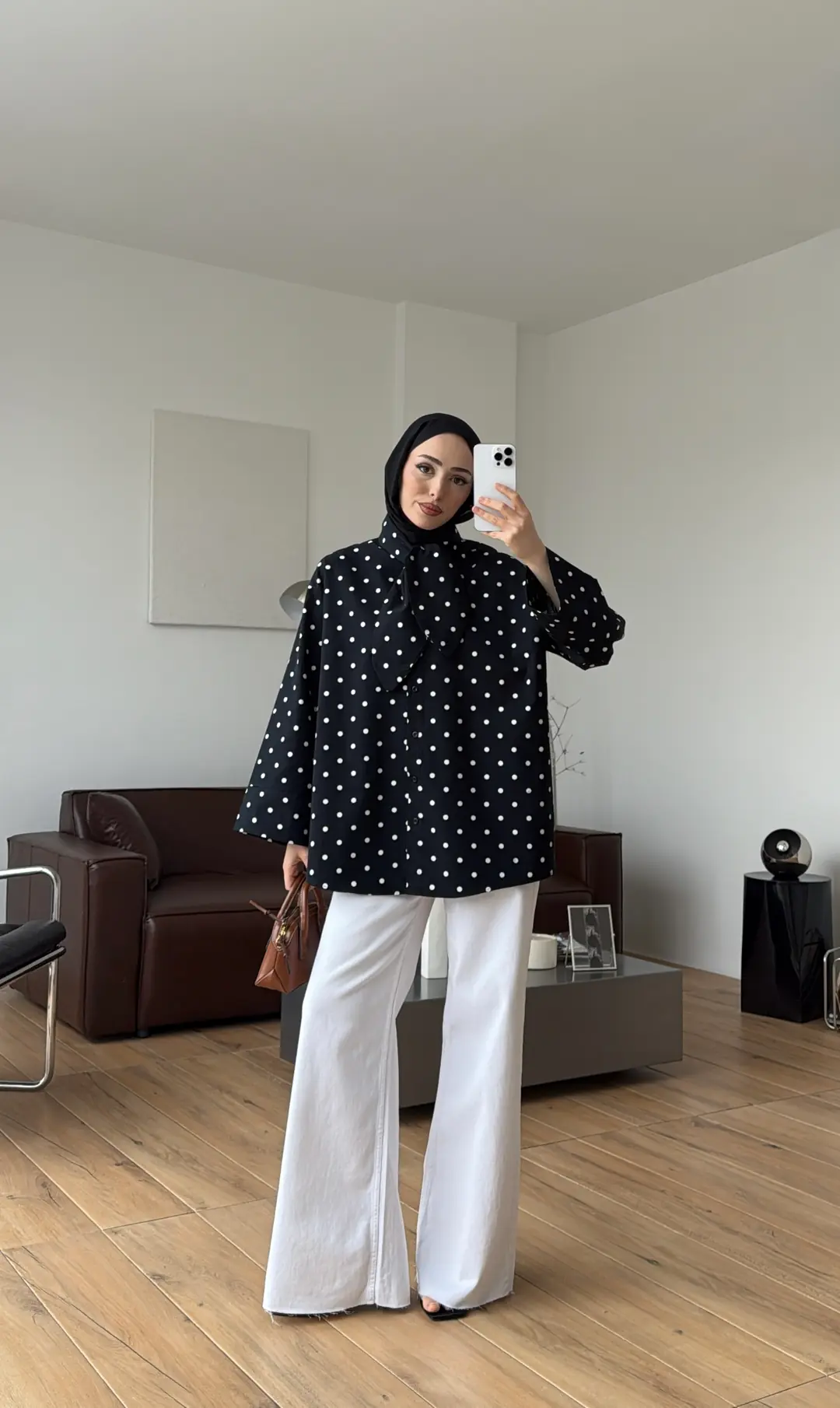 Puantiyeli Bagcıklı Gömlek Siyah