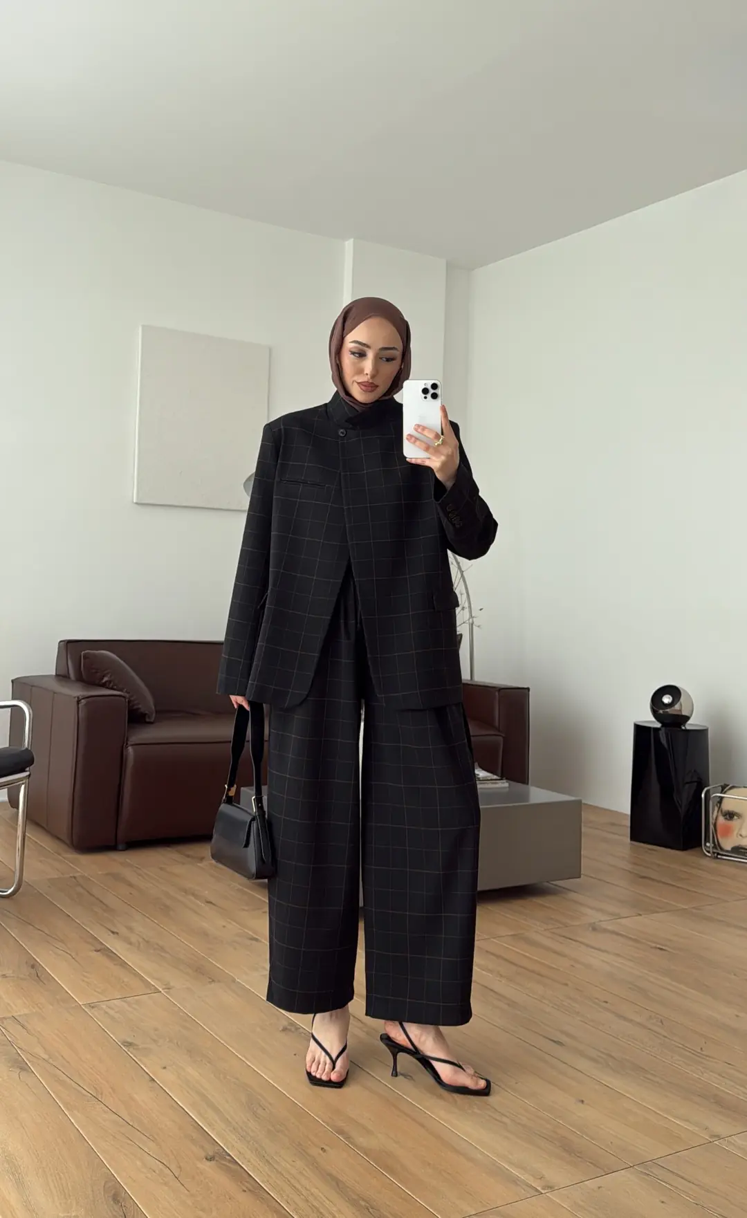 Dik Yakalı Ekose Blazer Ceket Siyah