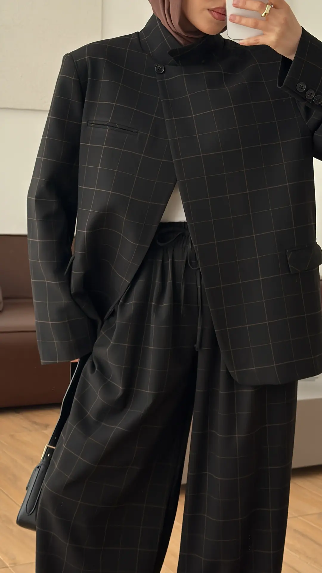 Dik Yakalı Ekose Blazer Ceket Siyah