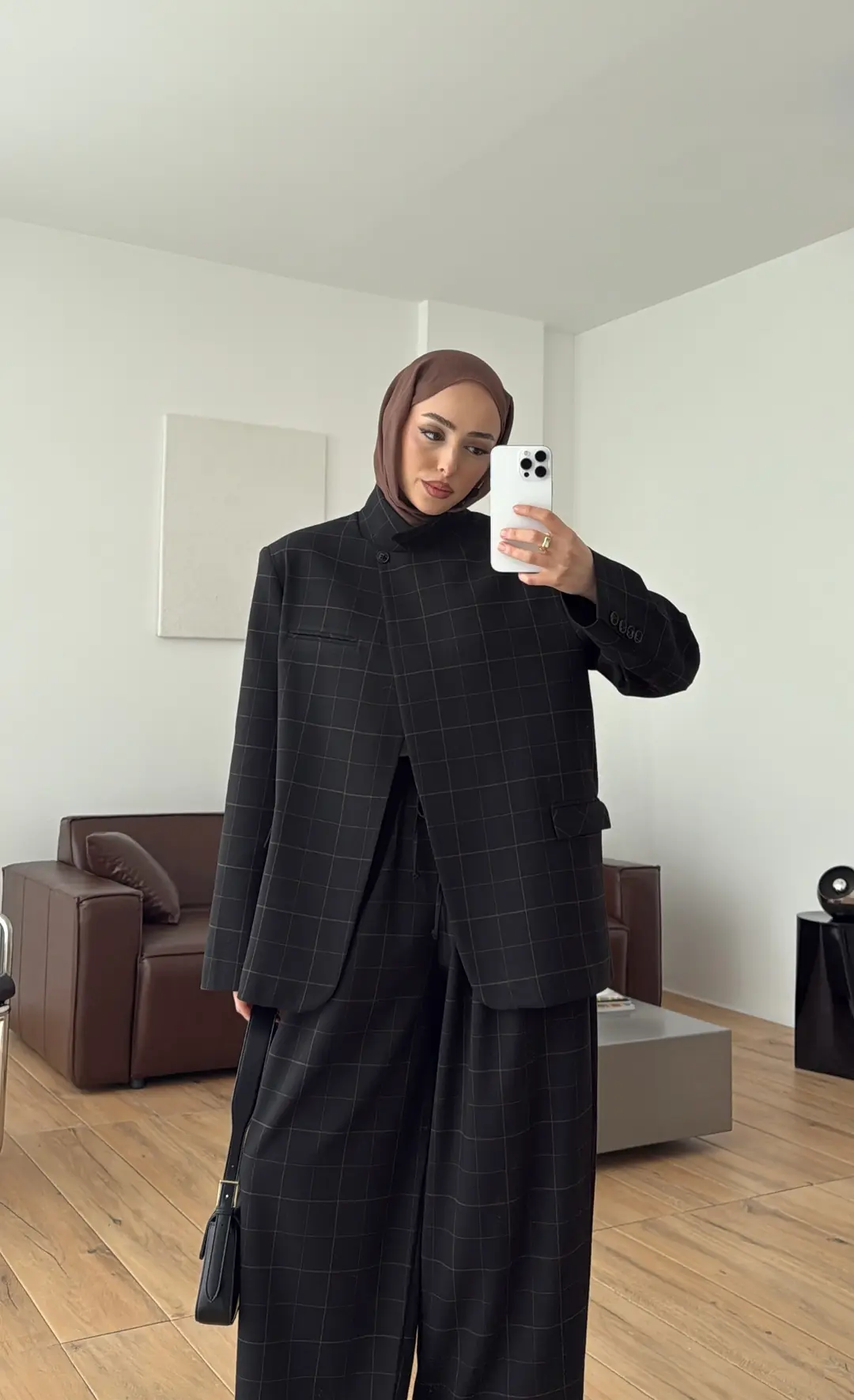 Dik Yakalı Ekose Blazer Ceket Siyah