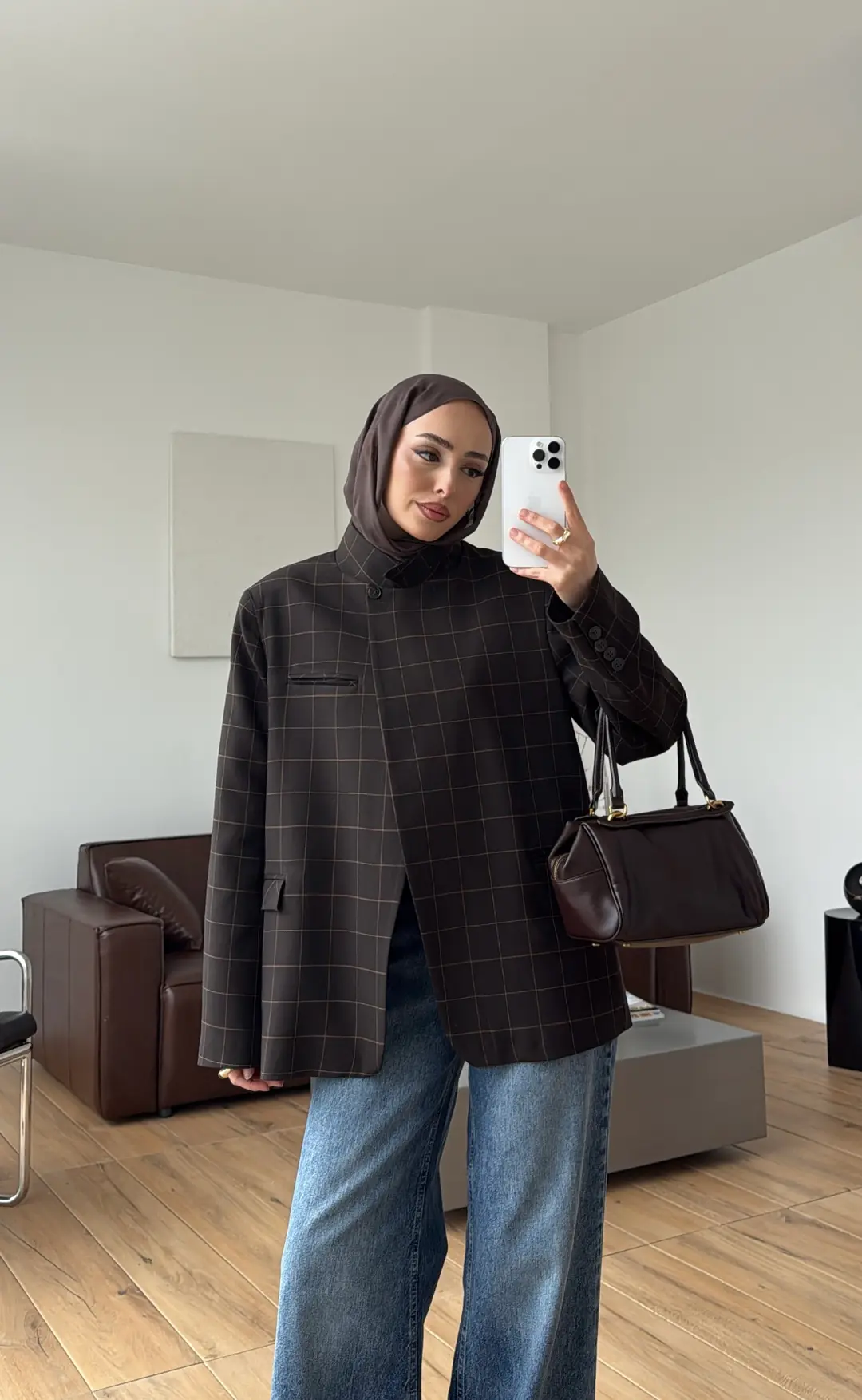Dik Yakalı Ekose Blazer Ceket Kahve