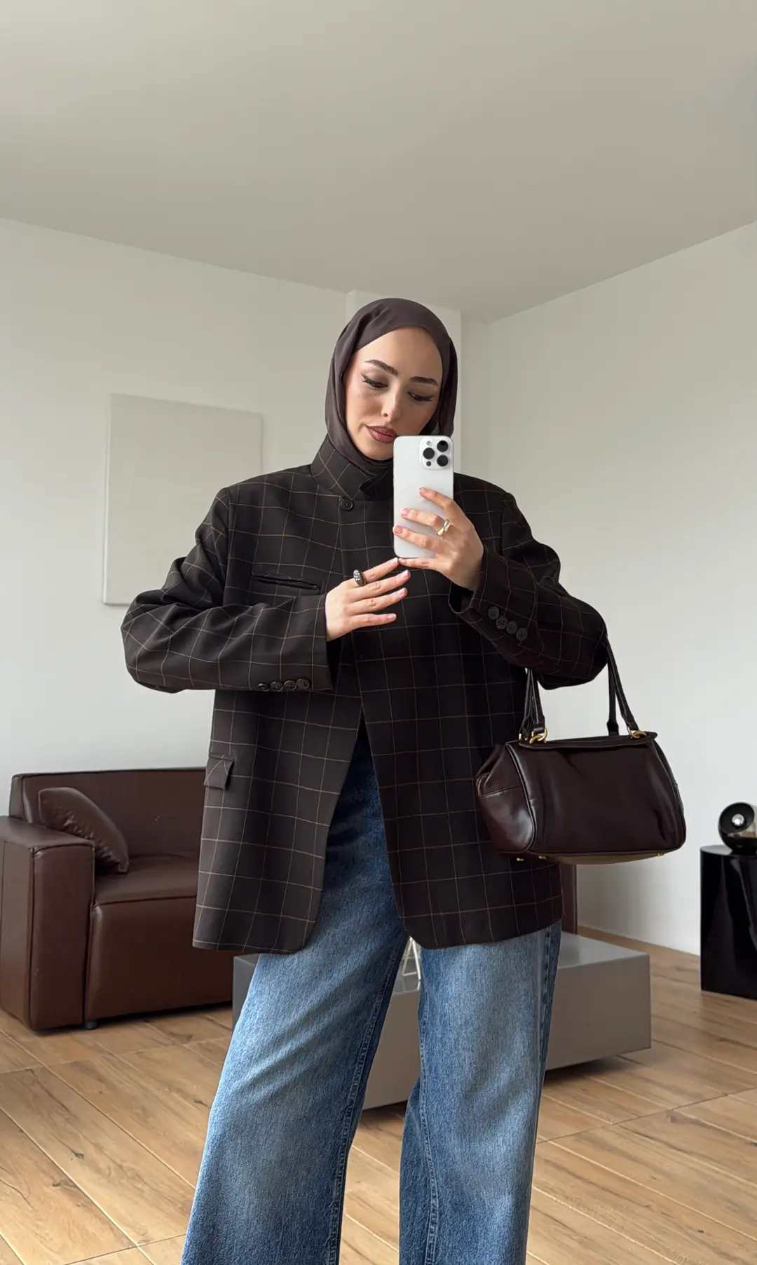 Dik Yakalı Ekose Blazer Ceket Kahve