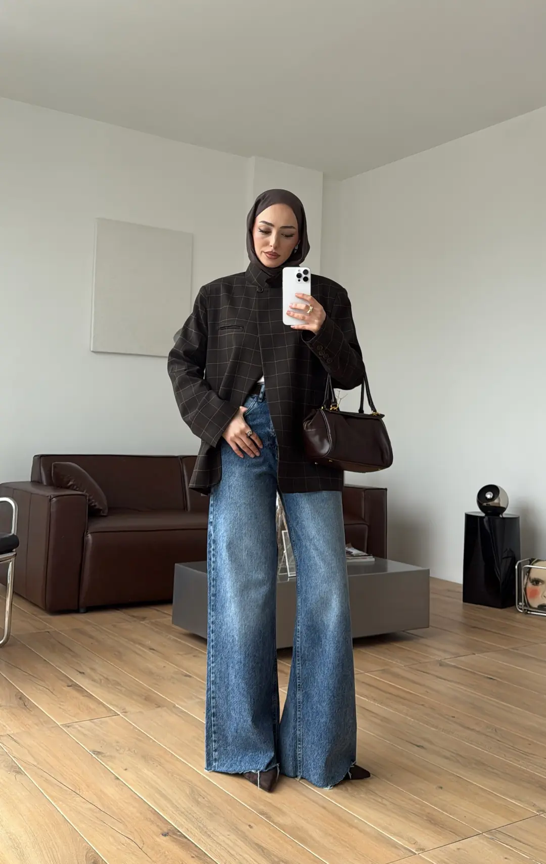 Dik Yakalı Ekose Blazer Ceket Kahve