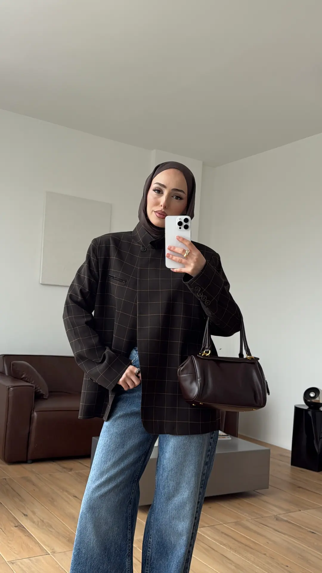 Dik Yakalı Ekose Blazer Ceket Kahve
