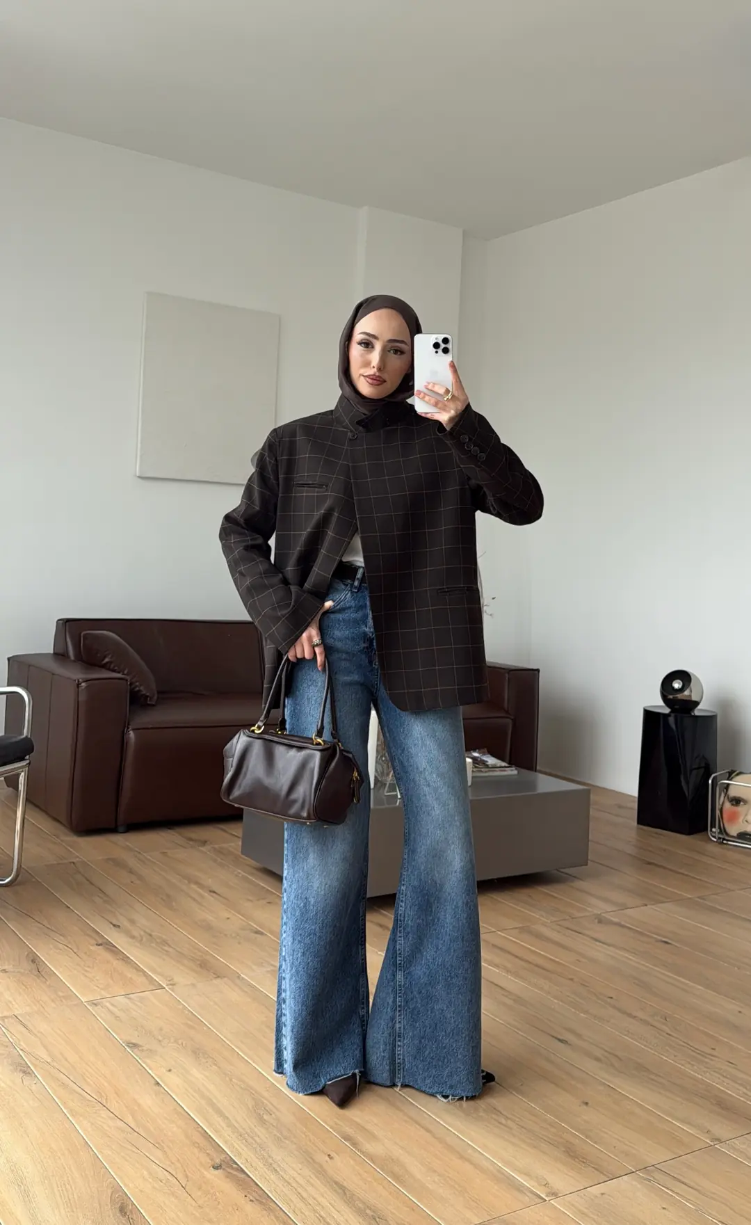 Dik Yakalı Ekose Blazer Ceket Kahve