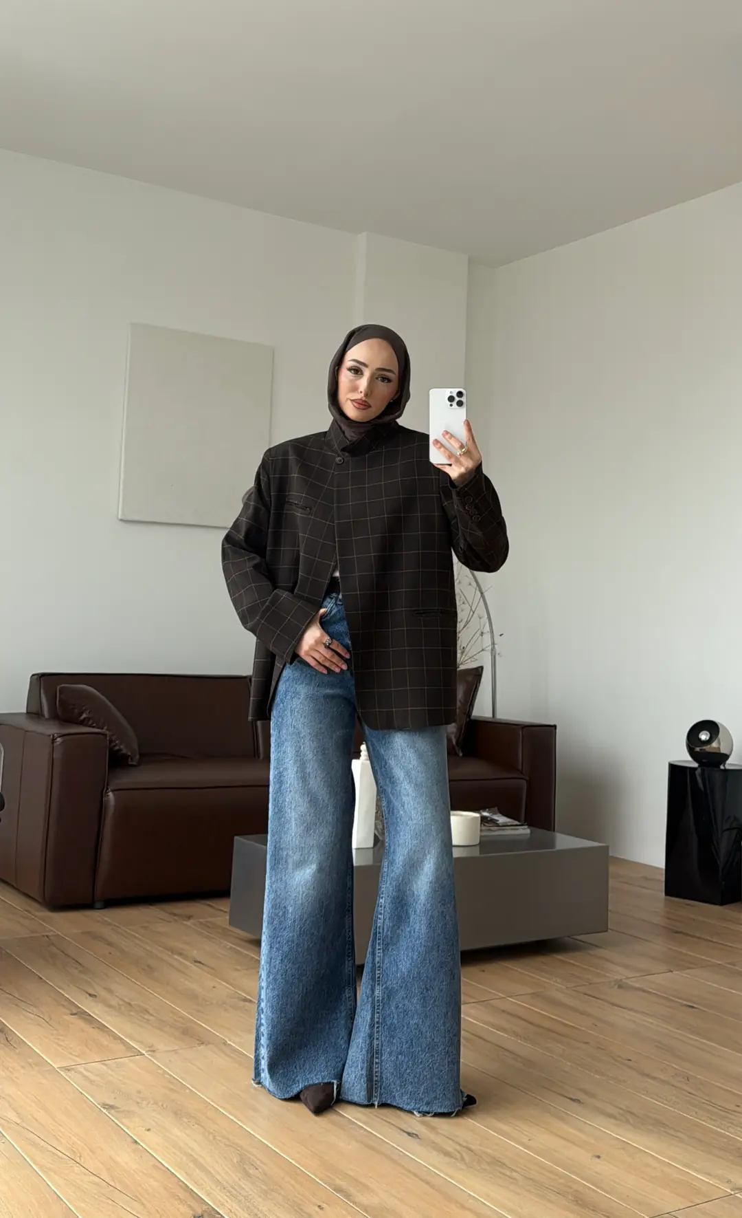 Dik Yakalı Ekose Blazer Ceket Kahve