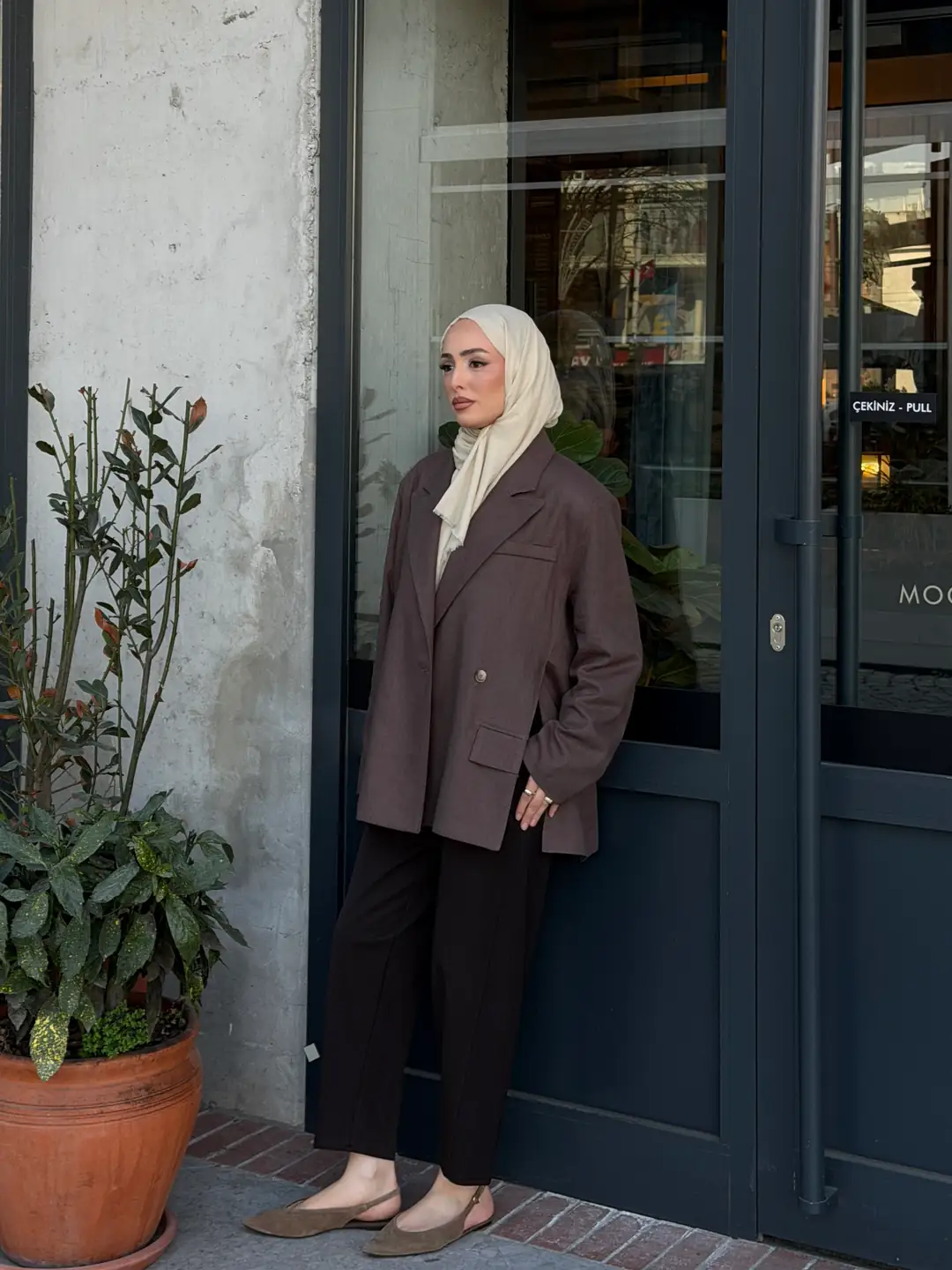 Keten Yırtmaç Detay Blazer Ceket Kahve