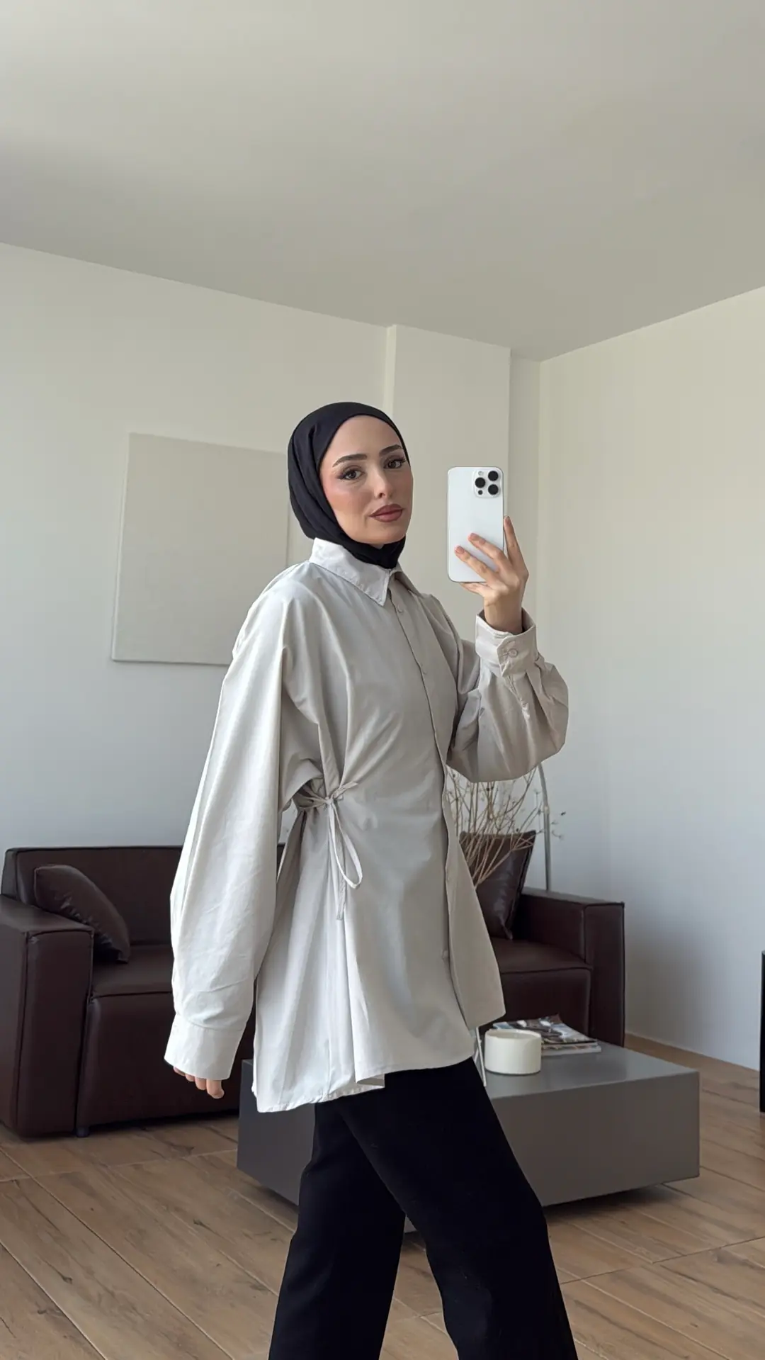 Yandan Bağlamalı Poplin Gömlek Taş