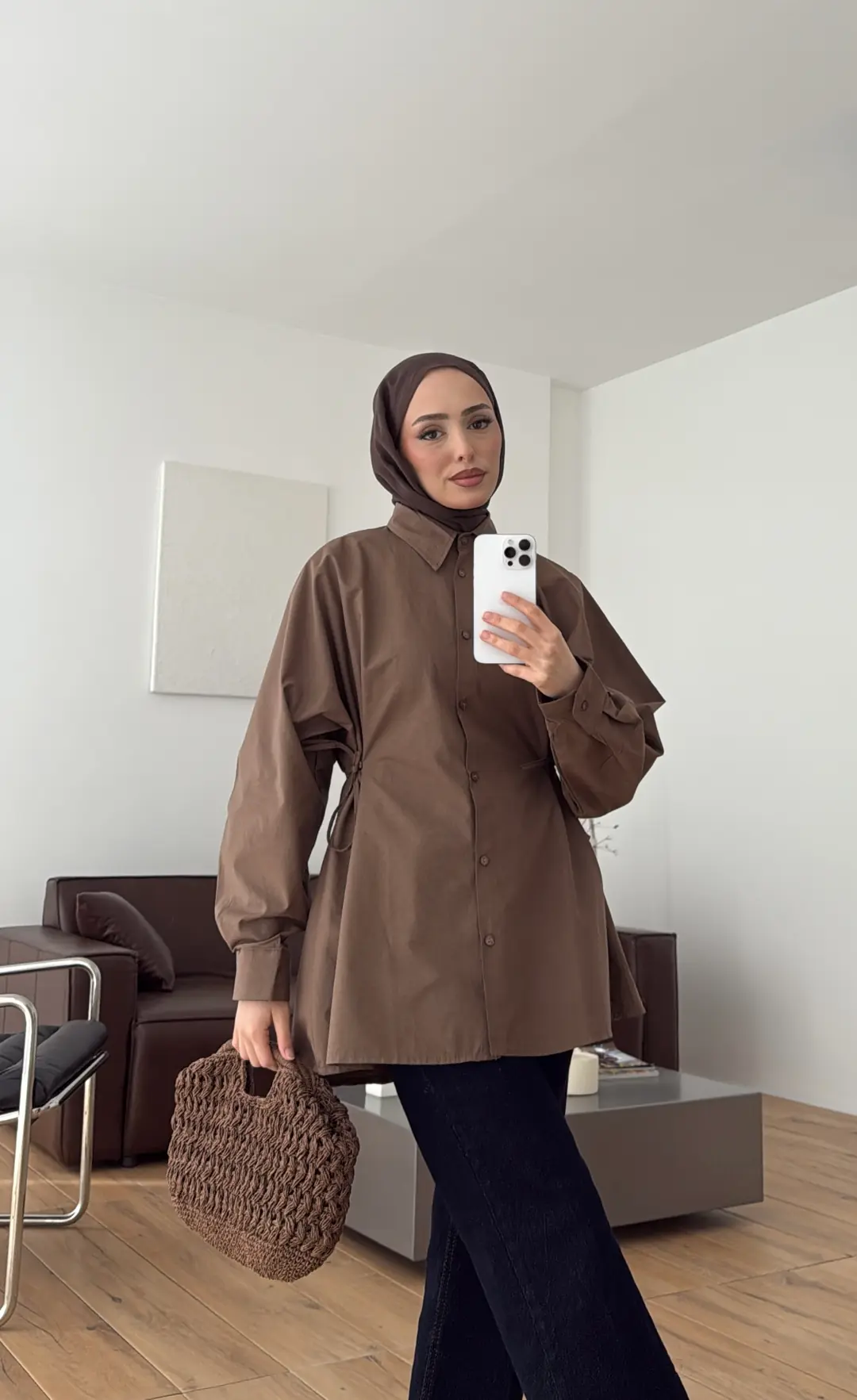 Yandan Bağlamalı Poplin Gömlek Kahve