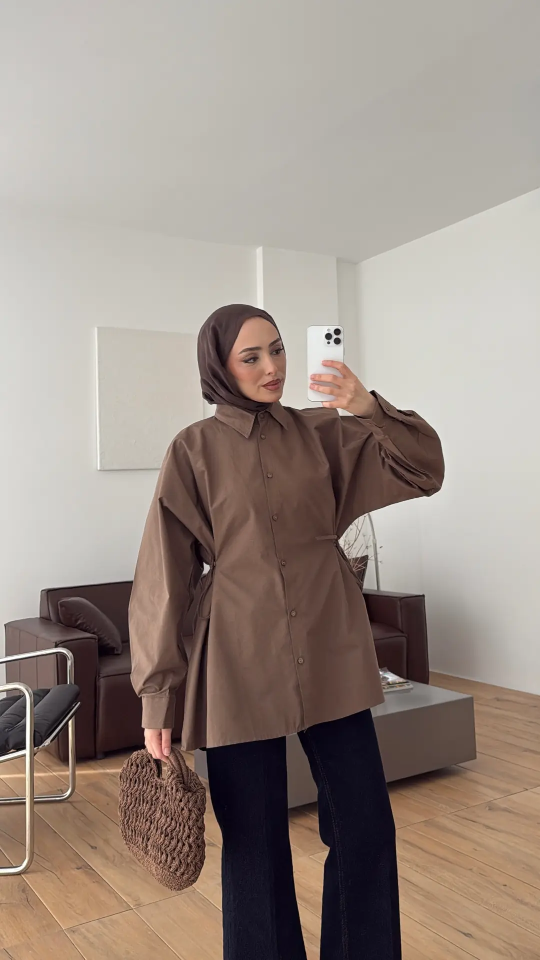 Yandan Bağlamalı Poplin Gömlek Kahve