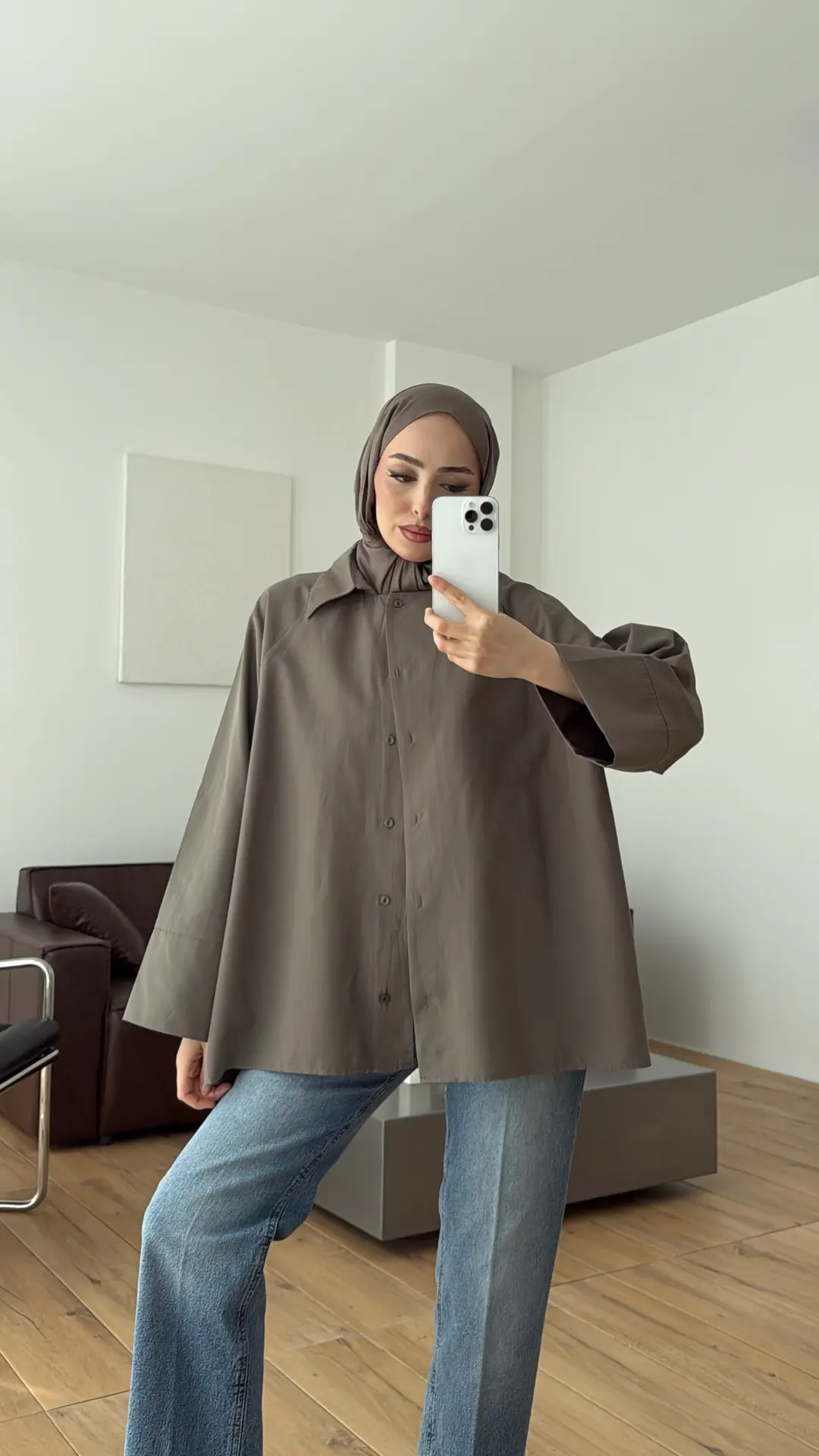Kalın Manşetli Oversize Gömlek Vizon