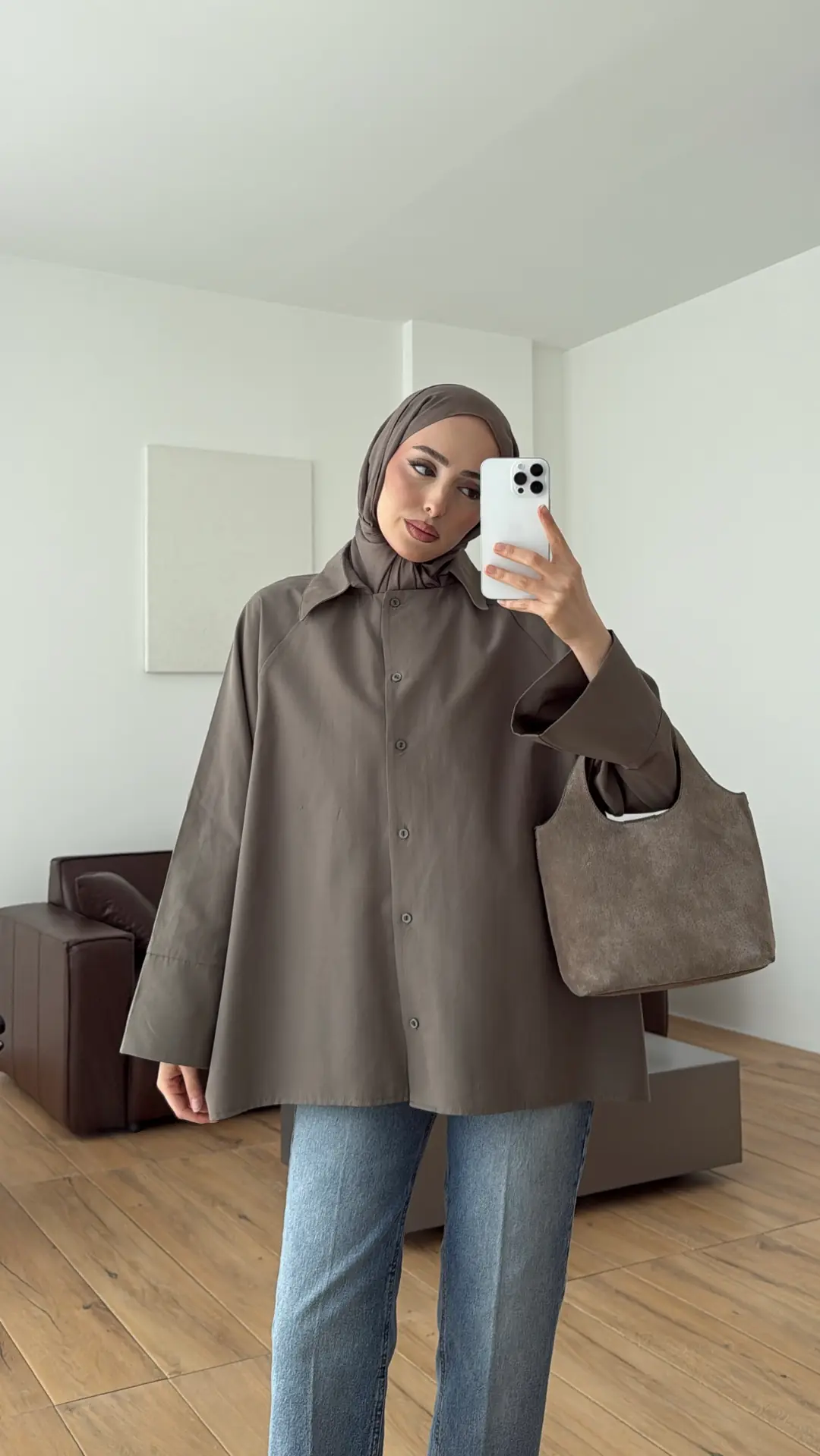 Kalın Manşetli Oversize Gömlek Vizon