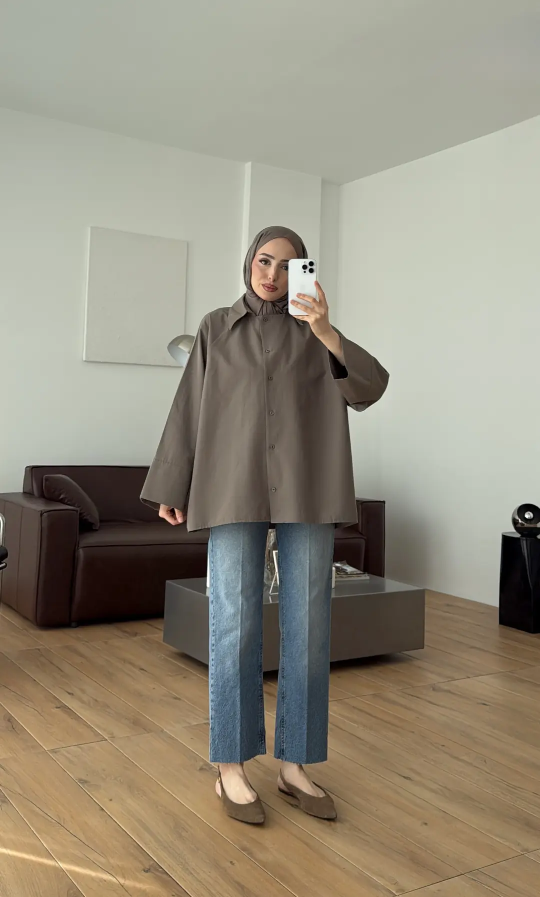Kalın Manşetli Oversize Gömlek Vizon